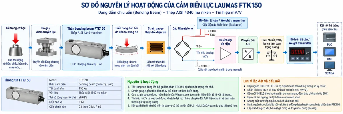 Vẽ sơ đồ nguyên lý hoạt động dạng khối cho Laumas FTK150 trên nền trắng, bố cục ngang. Luồng chính gồm: Tải trọng cơ học → Bộ gá / điểm truyền lực → Thân bending beam FTK150 bằng thép AISI 4340 mạ niken → Biến dạng đàn hồi do uốn tại vùng đo → Strain gauge thay đổi điện trở → Cầu Wheatstone → Tín hiệu analog từ load cell → Khuếch đại tín hiệu → Chuyển đổi A/D → Hiệu chuẩn, zero, lọc và tính toán trọng lượng → Bộ hiển thị cân / Weight transmitter → PLC / HMI / SCADA nếu hệ thống yêu cầu. Vẽ nhánh từ thiết bị điện tử cân cấp EXC+/EXC- tới cầu Wheatstone và nhận SIG+/SIG- trở về; thể hiện SHIELD đi theo cáp tín hiệu với ghi chú đấu nối theo manual. Bổ sung khối thông tin nhận diện gồm: FTK150, bending beam, tải danh định 150 kg, thép AISI 4340 mạ niken, sai số tổng hợp tối đa ±0,02%, cấp bảo vệ IP67 và cấp chính xác C3 theo OIML R 60.