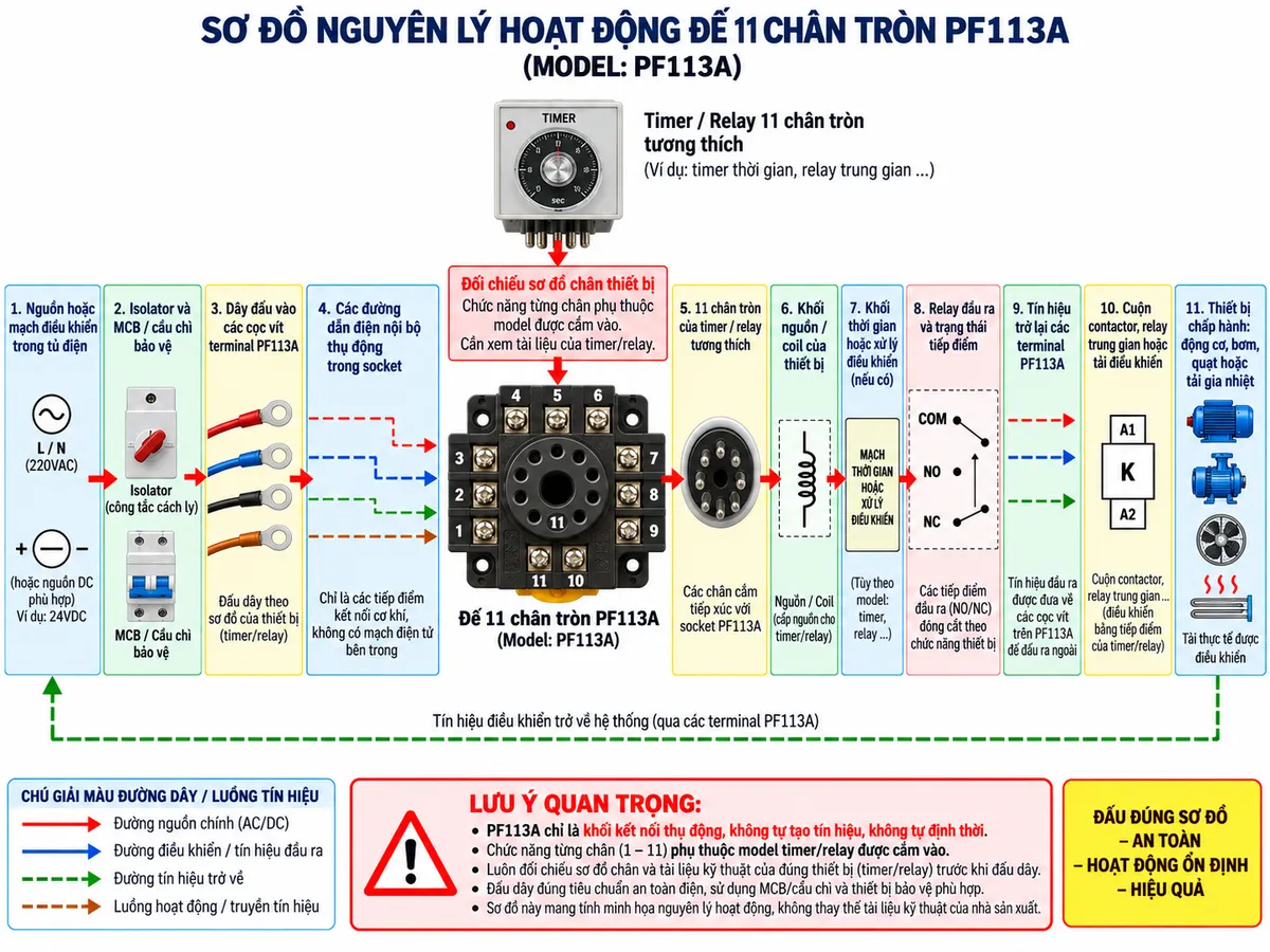 Vẽ sơ đồ nguyên lý hoạt động dạng khối cho đế 11 chân tròn PF113A trên nền trắng, bố cục ngang. Luồng chính: nguồn hoặc mạch điều khiển trong tủ điện → isolator và MCB/cầu chì bảo vệ → dây đấu vào các cọc vít terminal PF113A → các đường dẫn điện nội bộ thụ động trong socket → 11 chân tròn của timer hoặc relay tương thích → khối nguồn/coil của thiết bị → khối thời gian hoặc xử lý điều khiển nếu có → relay đầu ra và trạng thái tiếp điểm → tín hiệu trở lại các terminal PF113A → cuộn contactor, relay trung gian hoặc tải điều khiển → thiết bị chấp hành như động cơ, bơm, quạt hoặc tải gia nhiệt. Thể hiện nổi bật khối “Đối chiếu sơ đồ chân thiết bị” giữa timer/relay và các terminal 1-11. Ghi chú: PF113A chỉ là khối kết nối thụ động, không tự tạo tín hiệu, không tự định thời; chức năng từng chân phụ thuộc model timer/relay được cắm vào.