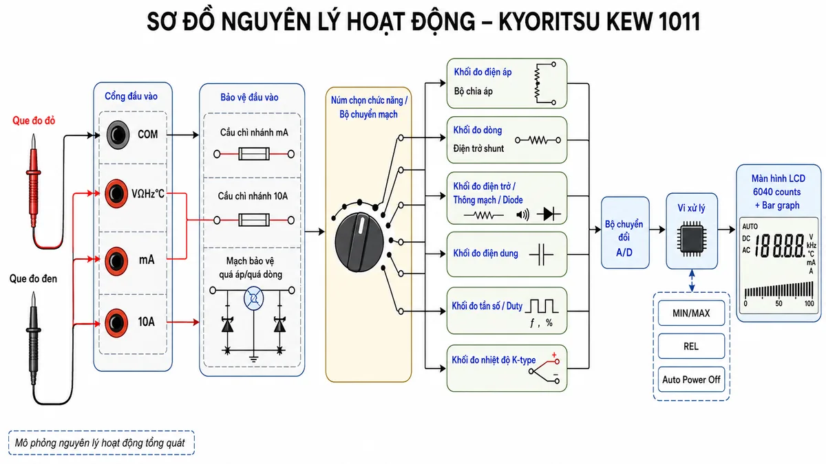 Sơ đồ nguyên lý hoạt động của KYORITSU KEW 1011: luồng tín hiệu từ que đo đỏ/đen vào các cổng COM, VΩHz°C, mA, 10A; qua khối bảo vệ đầu vào gồm cầu chì và mạch bảo vệ; qua núm chọn chức năng; tách thành các khối đo điện áp với bộ chia áp, đo dòng với điện trở shunt, đo điện trở/thông mạch/diode, đo điện dung, đo tần số/duty và đo nhiệt độ K-type; sau đó vào bộ chuyển đổi A/D, vi xử lý, các chức năng MIN/MAX, REL, Auto Power Off và hiển thị LCD 6040 counts kèm bar graph; bố cục ngang, nền trắng, phong cách kỹ thuật sạch rõ.