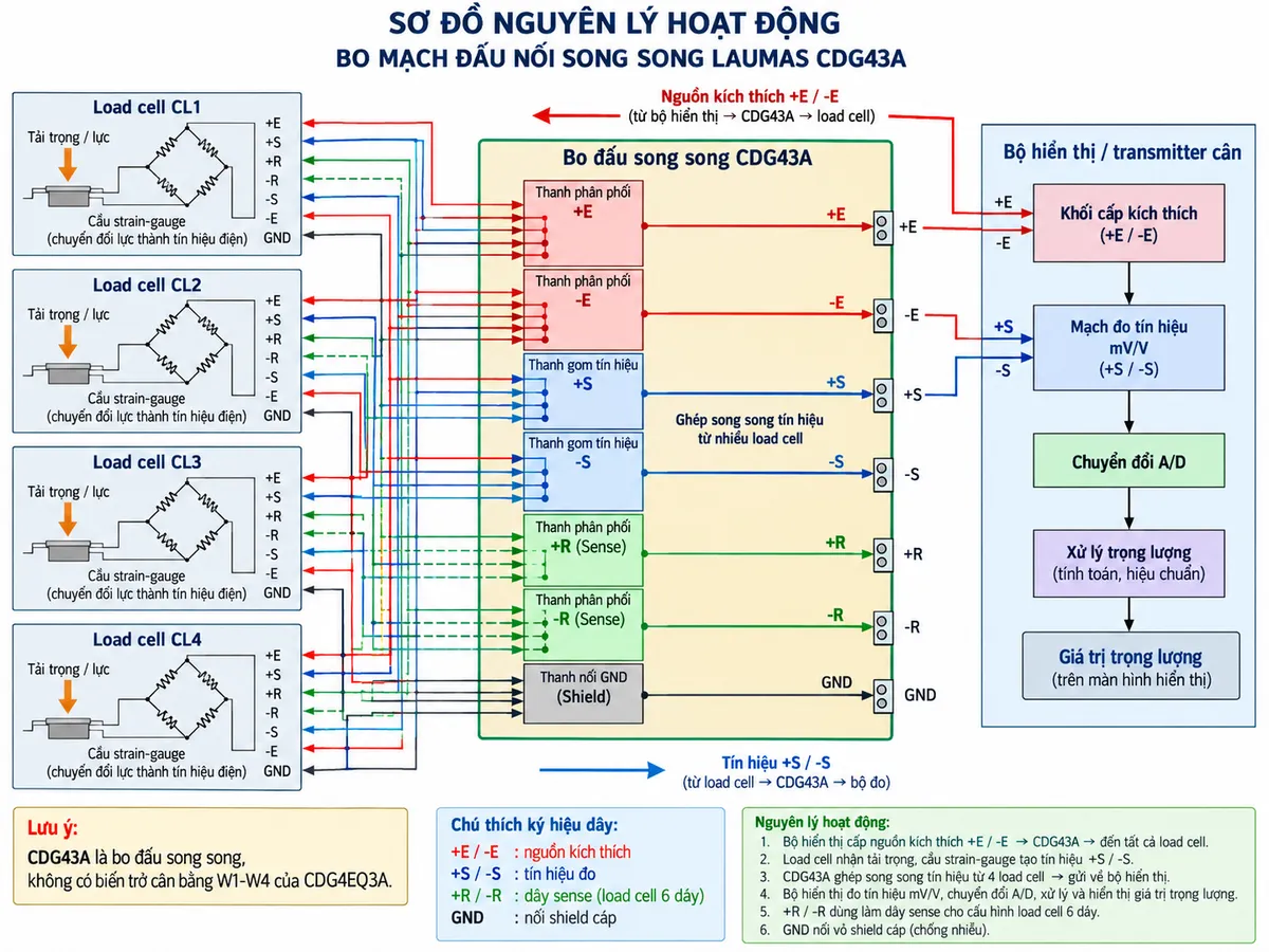 Sơ đồ nguyên lý hoạt động Laumas CDG43A trên nền trắng, bố cục ngang, chú thích tiếng Việt. Bên trái là 4 khối “Load cell CL1”, “Load cell CL2”, “Load cell CL3”, “Load cell CL4”, bên trong mỗi khối minh họa cầu Wheatstone strain-gauge nhận lực/trọng lượng. Ở giữa là khối “Bo đấu song song CDG43A”, thể hiện các đường +E/-E được phân phối song song từ nguồn kích thích tới các load cell, các đường +S/-S của các load cell được ghép về đường tín hiệu chung, +R/-R dùng cho đường sense trong cấu hình 6 dây và GND cho shield. Bên phải là “Bộ hiển thị / transmitter cân” gồm khối cấp kích thích, mạch đo tín hiệu mV/V, chuyển đổi A/D và xử lý trọng lượng. Dùng mũi tên rõ chiều: bộ hiển thị/transmitter → nguồn kích thích +E/-E → CDG43A → load cell; tải trọng → cầu strain-gauge → tín hiệu +S/-S → CDG43A → bộ đo → giá trị trọng lượng. Ghi chú rõ “CDG43A là bo đấu song song, không có biến trở cân bằng W1-W4 của CDG4EQ3A”.