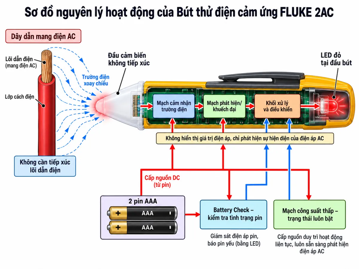 Sơ đồ nguyên lý hoạt động của Bút thử điện cảm ứng FLUKE 2AC trên nền trắng, bố cục ngang, chú thích tiếng Việt. Bên trái là “Dây dẫn mang điện AC” tạo “Trường điện xoay chiều” xuyên qua lớp cách điện; dùng các đường trường và mũi tên hướng tới “Đầu cảm biến không tiếp xúc” của FLUKE 2AC. Từ đầu cảm biến, tín hiệu lần lượt đi qua các khối “Mạch cảm nhận trường điện”, “Mạch phát hiện/khuếch đại”, “Khối xử lý và điều khiển”, sau đó tới “LED đỏ tại đầu bút”. Phía dưới thể hiện “2 pin AAA” cấp nguồn cho toàn bộ mạch và một nhánh “Battery Check – kiểm tra tình trạng pin”. Thể hiện thêm “Mạch công suất thấp – trạng thái luôn bật”. Ghi chú rõ “Không cần tiếp xúc lõi dẫn điện” và “Không hiển thị giá trị điện áp, chỉ phát hiện sự hiện diện của điện áp AC”.