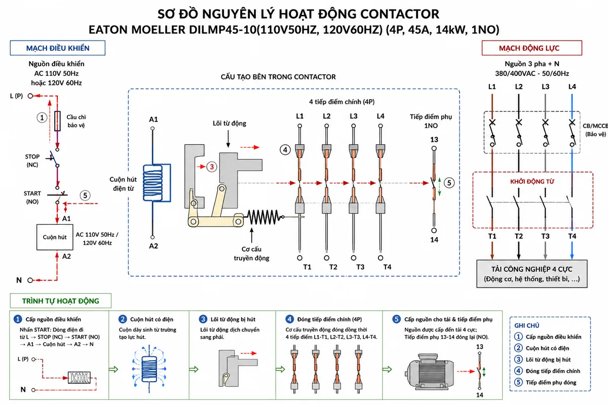 Sơ đồ nguyên lý hoạt động của contactor Eaton Moeller DILMP45-10(110V50HZ, 120V60HZ) thể hiện nguồn điều khiển AC 110V 50Hz hoặc 120V 60Hz, cuộn hút điện từ, lõi từ động, cơ cấu truyền động, bốn tiếp điểm chính, tiếp điểm phụ 1NO, tải công nghiệp và các mũi tên mô tả trình tự cấp điện điều khiển, hút lõi từ, đóng tiếp điểm và cấp nguồn cho tải, chú thích tiếng Việt, nền trắng, phong cách sơ đồ kỹ thuật