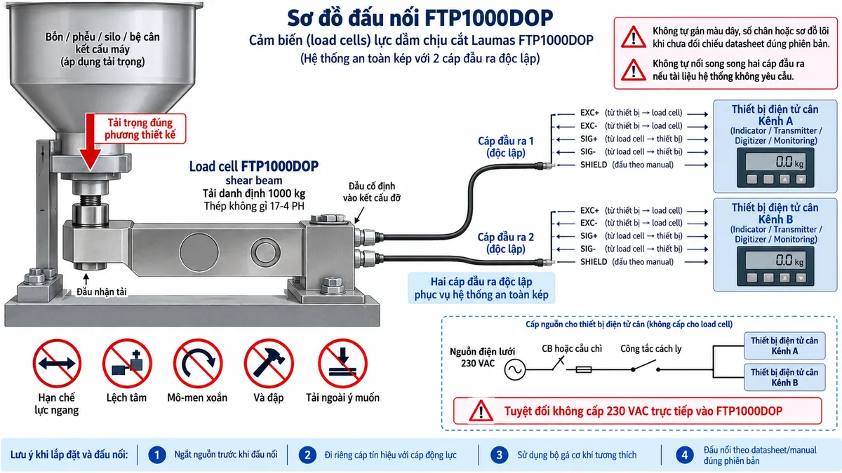 Vẽ sơ đồ đấu dây và kết nối kỹ thuật cho Laumas FTP1000DOP trên nền trắng, bố cục ngang. Bên trái là bồn, phễu, silo, bệ cân hoặc kết cấu máy truyền tải trọng đúng phương qua bộ gá cơ khí tương thích tới load cell FTP1000DOP dạng shear beam, tải danh định 1000 kg, thân thép không gỉ 17-4 PH. Thể hiện một đầu cảm biến cố định chắc chắn vào kết cấu đỡ và đầu còn lại nhận tải đúng hướng; chú thích hạn chế lực ngang, lệch tâm, mô-men xoắn, va đập và tải ngoài ý muốn. Từ FTP1000DOP vẽ rõ HAI CÁP ĐẦU RA riêng biệt phục vụ hệ thống an toàn kép; mỗi cáp đi tới thiết bị điện tử cân, weight transmitter, bộ số hóa hoặc kênh giám sát tương ứng theo thiết kế. Thể hiện chức năng EXC+/EXC- cấp điện áp kích thích từ thiết bị đọc tới load cell và SIG+/SIG- truyền tín hiệu vi sai trở về nhưng không tự gán màu dây, số chân hoặc sơ đồ lõi cụ thể nếu chưa đối chiếu datasheet đúng phiên bản. SHIELD xử lý theo manual. Vẽ nguồn điện lưới chỉ cấp cho các bộ hiển thị hoặc transmitter qua CB hoặc cầu chì và công tắc cách ly; tuyệt đối không cấp 230 VAC trực tiếp vào FTP1000DOP. Bổ sung lưu ý ngắt nguồn trước khi đấu nối, đi riêng cáp tín hiệu với cáp động lực và không tự nối song song hai cáp đầu ra nếu tài liệu hệ thống không yêu cầu.
