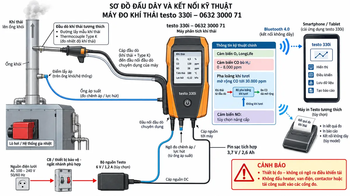 Vẽ sơ đồ đấu dây và kết nối kỹ thuật cho máy đo khí thải testo 330i mã 0632 3000 71 trên nền trắng, bố cục ngang. Bên trái thể hiện lò hơi hoặc hệ thống gia nhiệt và ống khói; đầu dò khí thải tương thích đặt trong vùng dòng khí chính, gồm đường lấy mẫu khí và thermocouple Type K đi tới đầu nối đầu dò chuyên dụng của testo 330i, tuyệt đối không tự gán số chân hoặc cực điện khi tài liệu không công bố. Vẽ nhánh điểm lấy áp trên hệ thống qua bộ ống áp suất tới ngõ đo chênh áp/lực hút của máy. Ở giữa ghi rõ thiết bị tích hợp cảm biến O2 LongLife và cảm biến CO bù H2 dải 0–8.000 ppm; thể hiện cơ chế pha loãng khí tươi cho phép mở rộng CO tới 30.000 ppm; cảm biến NO là tùy chọn nâng cấp tương thích. Phía dưới thể hiện nguồn điện lưới AC qua CB hoặc thiết bị bảo vệ/ngắt nhánh phù hợp → bộ nguồn Testo 6 V/1,2 A tùy chọn → thiết bị; đồng thời ghi chú pin sạc 3,7 V/2,6 Ah. Bên phải vẽ Bluetooth 4.0 tới smartphone/tablet chạy ứng dụng testo 330i để hiển thị, điều khiển, lưu dữ liệu và tạo báo cáo; thể hiện máy in Testo tương thích khi sử dụng phụ kiện phù hợp. Ghi rõ testo 330i là thiết bị đo, không có ngõ ra điều khiển tải và không đấu heater, van điện, contactor hoặc tải công suất vào các cổng đo.