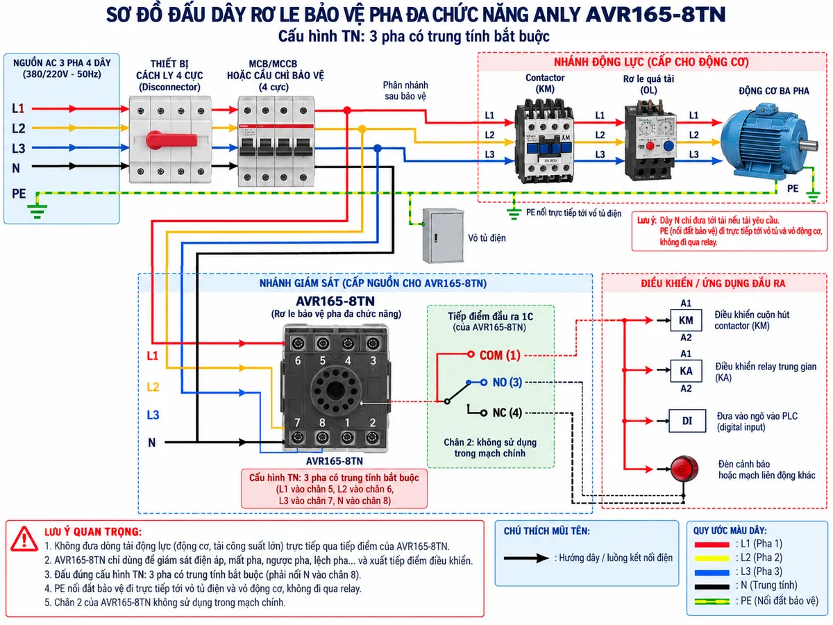 Vẽ sơ đồ đấu dây kỹ thuật cho Rơ le bảo vệ pha đa chức năng Anly AVR165-8TN trên nền trắng, bố cục ngang. Bên trái thể hiện nguồn AC ba pha bốn dây L1-L2-L3-N đi qua thiết bị cách ly 4 cực và MCB/MCCB hoặc cầu chì bảo vệ phù hợp rồi phân thành hai nhánh. Nhánh động lực đưa L1-L2-L3 qua contactor và relay quá tải tới động cơ ba pha; dây N chỉ đưa tới tải nếu tải yêu cầu. Nhánh giám sát đưa L1 vào chân 5, L2 vào chân 6, L3 vào chân 7 và N bắt buộc vào chân 8 của AVR165-8TN. Ở giữa vẽ AVR165-8TN với đế 8 chân và ghi rõ cấu hình TN là 3 pha có trung tính bắt buộc. Thể hiện relay đầu ra 1C gồm COM chân 1, NO chân 3, NC chân 4; chân 2 không sử dụng trong mạch chính. Bên phải dùng tiếp điểm phù hợp để điều khiển cuộn hút contactor, relay trung gian, ngõ vào PLC hoặc mạch cảnh báo/liên động. Không đưa dòng tải động lực trực tiếp qua tiếp điểm AVR165-8TN. Thể hiện PE nối trực tiếp tới vỏ tủ và vỏ động cơ, không đi qua relay. Chú thích tiếng Việt, nền trắng, mũi tên rõ ràng, phong cách sơ đồ điện công nghiệp.