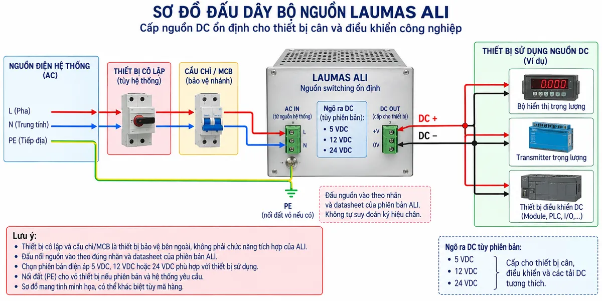 Sơ đồ đấu dây/kết nối Bộ nguồn Laumas ALI trên nền trắng, bố cục ngang, chú thích tiếng Việt. Bên trái là “Nguồn điện hệ thống” đi qua “Thiết bị cô lập” và “Cầu chì/MCB bảo vệ nhánh”, sau đó vào “Laumas ALI – nguồn switching ổn định”. Không tự gán điện áp đầu vào hoặc số terminal khi chưa xác định mã hàng cụ thể; ghi chú “đấu nguồn vào theo nhãn và datasheet của phiên bản ALI”. Từ ALI đi ra hai đường “DC +” và “DC −”, chia sang ví dụ “Bộ hiển thị trọng lượng”, “Transmitter trọng lượng” và “Thiết bị điều khiển DC”. Bên cạnh ALI thể hiện các lựa chọn đầu ra 5 VDC / 12 VDC / 24 VDC tùy phiên bản. Thể hiện PE nối đất cho phần vỏ/thiết bị nếu phiên bản và hệ thống yêu cầu; PE không đi qua tải DC. Dùng mũi tên rõ chiều từ nguồn AC → bảo vệ/cô lập → ALI → tải DC; ghi chú thiết bị bảo vệ bên ngoài không phải chức năng tích hợp của ALI.