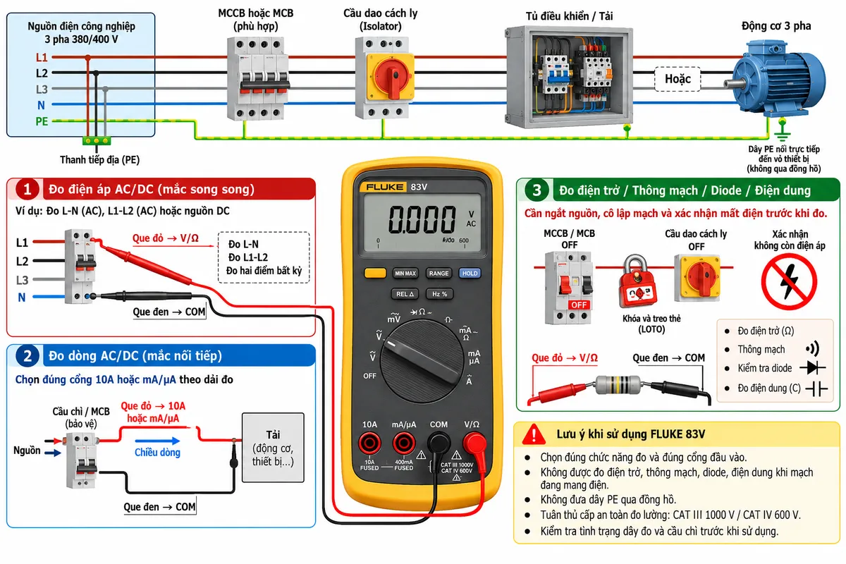 Sơ đồ đấu dây/kết nối kỹ thuật của đồng hồ vạn năng FLUKE 83V trên nền trắng, bố cục ngang, chú thích tiếng Việt. Phần trên thể hiện nguồn công nghiệp L1-L2-L3-N-PE → MCCB hoặc MCB phù hợp → cầu dao cách ly → tải/tủ điều khiển hoặc động cơ; dây PE đi trực tiếp từ thanh tiếp địa tới vỏ thiết bị, tuyệt đối không đi qua đồng hồ. Ở trung tâm đặt FLUKE 83V với bốn cổng “10A”, “mA/µA”, “COM” và “V/Ω”. Nhánh “Đo điện áp AC/DC”: que đỏ vào V/Ω, que đen vào COM, mắc song song L-N, L1-L2 hoặc hai điểm cần kiểm tra. Nhánh “Đo dòng AC/DC”: nguồn → cầu chì/thiết bị bảo vệ → cổng 10A hoặc mA/µA tùy dải → mạch đo trong FLUKE 83V → COM → tải, thể hiện mắc nối tiếp và chiều dòng. Nhánh “Điện trở / thông mạch / diode / điện dung”: MCCB OFF, cầu dao cách ly OFF, khóa LOTO và xác nhận mất điện trước khi đo, que đỏ V/Ω và que đen COM. Thể hiện rõ cảnh báo chọn đúng cổng, đúng chức năng, đúng cấp an toàn; không vẽ chức năng nhiệt độ và không ghi True-RMS hoặc bộ lọc VFD vì FLUKE 83V không có các chức năng này.