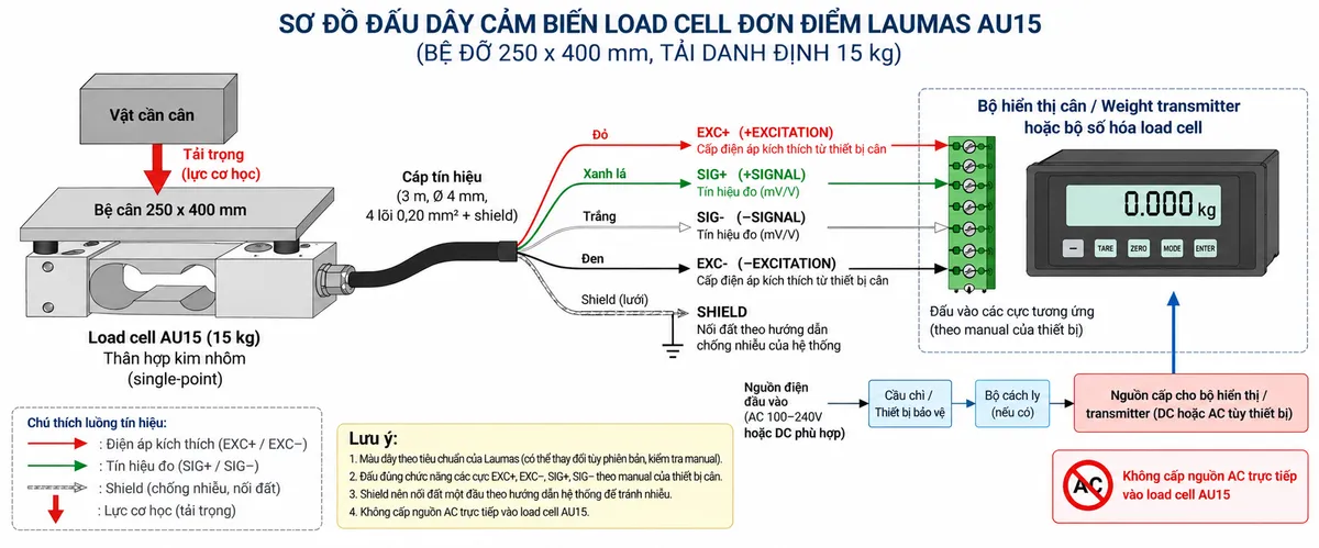 Vẽ sơ đồ đấu dây/kết nối kỹ thuật cho cảm biến load cell đơn điểm Laumas AU15 trên nền trắng, bố cục ngang. Bên trái thể hiện vật cần cân tác động xuống bệ cân 250 x 400 mm; lực truyền tới load cell single-point AU15 tải danh định 15 kg, thân hợp kim nhôm ở giữa. Từ AU15 vẽ cáp dài 3 m, đường kính 4 mm, gồm 4 lõi 0,20 mm² và shield sang bộ hiển thị cân, weight transmitter hoặc bộ số hóa load cell ở bên phải. Thể hiện đúng các đường theo datasheet dòng AU: +SIGNAL màu xanh lá, +EXCITATION màu đỏ, -SIGNAL màu trắng, -EXCITATION màu đen và SHIELD. Vẽ EXC+/EXC- theo chiều từ thiết bị điện tử cân tới load cell để cấp điện áp kích thích; SIG+/SIG- theo chiều từ load cell về thiết bị xử lý để truyền tín hiệu mV/V. Không tự gán số chân terminal trên bộ hiển thị/transmitter; ghi chú phải đối chiếu manual của đúng thiết bị. Vẽ riêng nguồn cấp phù hợp cho bộ hiển thị/transmitter đi qua cầu chì hoặc thiết bị bảo vệ và điểm cách ly trước khi vào thiết bị. Ghi rõ không cấp nguồn AC trực tiếp vào AU15 và xử lý shield theo hướng dẫn nối đất/chống nhiễu của toàn bộ hệ thống. Dùng mũi tên khác nhau để phân biệt luồng lực cơ học, điện áp kích thích và tín hiệu đo.