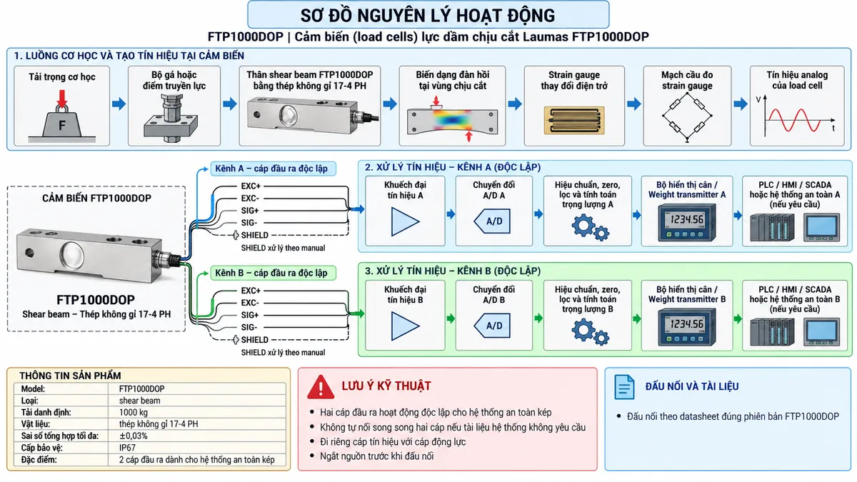 Vẽ sơ đồ nguyên lý hoạt động dạng khối cho Laumas FTP1000DOP trên nền trắng, bố cục ngang. Luồng cơ học chính gồm: Tải trọng cơ học → Bộ gá hoặc điểm truyền lực → Thân shear beam FTP1000DOP bằng thép không gỉ 17-4 PH → Biến dạng đàn hồi tại vùng chịu cắt → Strain gauge thay đổi điện trở → Mạch cầu đo strain gauge → Tín hiệu analog của load cell. Từ phần tín hiệu chia thành HAI ĐƯỜNG ĐẦU RA/CÁP riêng phục vụ hệ thống an toàn kép: Kênh A → thiết bị điện tử cân hoặc bộ xử lý A và Kênh B → thiết bị điện tử cân hoặc bộ giám sát B; sau đó thể hiện các khối Khuếch đại tín hiệu → Chuyển đổi A/D → Hiệu chuẩn, zero, lọc và tính toán trọng lượng → Bộ hiển thị cân/Weight transmitter → PLC/HMI/SCADA hoặc hệ thống an toàn nếu yêu cầu. Thể hiện EXC+/EXC- từ thiết bị điện tử tới cảm biến và SIG+/SIG- truyền tín hiệu trở về trên từng đường theo cấu hình datasheet; SHIELD đi theo cáp và xử lý theo manual. Thêm khối nhận diện gồm FTP1000DOP, shear beam, tải danh định 1000 kg, thép không gỉ 17-4 PH, sai số tổng hợp tối đa ±0,03%, cấp bảo vệ IP67 và 2 cáp đầu ra dành cho hệ thống an toàn kép.