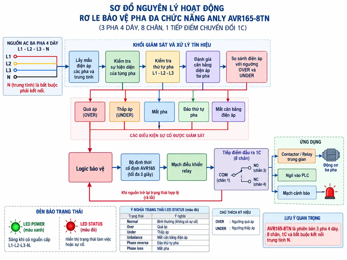 Vẽ sơ đồ nguyên lý hoạt động dạng khối cho Anly AVR165-8TN trên nền trắng, bố cục ngang. Luồng chính: nguồn AC ba pha bốn dây L1-L2-L3-N với N bắt buộc → khối lấy mẫu điện áp các pha và trung tính → khối kiểm tra sự hiện diện của từng pha → khối kiểm tra thứ tự pha L1-L2-L3 → khối đánh giá cân bằng điện áp ba pha → khối so sánh điện áp với ngưỡng OVER và UNDER → logic bảo vệ. Từ các khối giám sát vẽ năm nhánh sự cố gồm Quá áp, Thấp áp, Mất pha, Đảo thứ tự pha và Mất cân bằng điện áp đi vào logic bảo vệ. Sau logic vẽ bộ định thời cố định của AVR165, tối đa 3 giây → mạch điều khiển relay → tiếp điểm 1C gồm COM chân 1, NO chân 3, NC chân 4 → contactor hoặc relay trung gian → động cơ ba pha, PLC hoặc mạch cảnh báo. Thể hiện LED POWER màu xanh và LED STATUS màu đỏ với các trạng thái Normal, Over, Under, Unbalance, Phase reverse và Phase loss. Có mũi tên phản hồi khi nguồn trở lại trạng thái hợp lệ. Ghi chú rõ AVR165-8TN là phiên bản 3 pha 4 dây, 8 chân, 1C và bắt buộc kết nối trung tính N.
