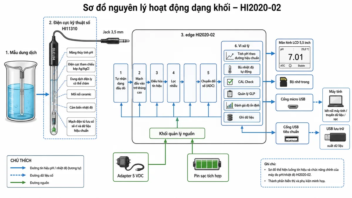 Vẽ sơ đồ nguyên lý hoạt động dạng khối của Hanna HI2020-02 trên nền trắng, bố cục ngang và nhãn tiếng Việt. Luồng bắt đầu từ mẫu dung dịch đi vào điện cực kỹ thuật số HI11310 gồm màng thủy tinh pH, điện cực tham chiếu kép Ag/AgCl, dung dịch điện ly có thể châm, mối nối ceramic, cảm biến nhiệt độ và mạch điện tử lưu số sê-ri cùng dữ liệu hiệu chuẩn. Tín hiệu pH và nhiệt độ truyền qua cáp và đầu cắm 3,5 mm tới khối tự nhận dạng đầu dò của edge HI2020-02; tiếp theo là mạch đầu vào trở kháng cao, điều hòa tín hiệu, lọc nhiễu và chuyển đổi số. Sau đó là vi xử lý với các khối tính pH theo đường hiệu chuẩn, bù nhiệt độ tự động, CAL Check, quản lý GLP, đánh giá độ ổn định và ghi dữ liệu. Đầu ra gồm màn hình LCD 5,5 inch, bộ nhớ trong, cổng micro USB kết nối máy tính và cổng USB tiêu chuẩn xuất dữ liệu. Bổ sung nhánh nguồn từ adapter 5 VDC và pin sạc tới khối quản lý nguồn của máy.