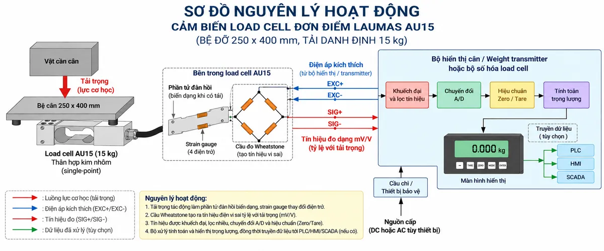 Vẽ sơ đồ nguyên lý hoạt động dạng khối cho Laumas AU15 trên nền trắng, bố cục ngang. Bắt đầu từ vật cần cân/tải trọng cơ học tác động xuống bệ cân 250 x 400 mm; lực truyền tới load cell single-point AU15 tải danh định 15 kg, thân hợp kim nhôm. Bên trong load cell thể hiện phần tử đàn hồi và bốn strain gauge mắc thành cầu Wheatstone. Từ bộ hiển thị cân hoặc weight transmitter vẽ nhánh điện áp kích thích EXC+/EXC- cấp vào cầu đo. Khi tải tác động, phần tử đàn hồi biến dạng làm điện trở strain gauge thay đổi và tạo tín hiệu vi sai SIG+/SIG- dạng mV/V. Tín hiệu tiếp tục qua các khối khuếch đại và lọc, chuyển đổi A/D, hiệu chuẩn/Zero/Tare, tính toán trọng lượng rồi tới màn hình hiển thị. Nếu bộ điện tử cân hỗ trợ giao tiếp công nghiệp thì vẽ thêm nhánh dữ liệu sau xử lý tới PLC/HMI/SCADA. Dùng mũi tên và chú thích tiếng Việt rõ ràng để phân biệt luồng lực cơ học, điện áp kích thích, tín hiệu đo mV/V và dữ liệu số đã xử lý.