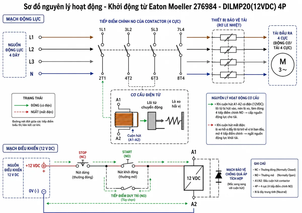 Sơ đồ nguyên lý hoạt động Khởi động từ Eaton Moeller 276984 - DILMP20(12VDC): thể hiện khối nguồn điều khiển 12 V DC, nút Stop, nút Start, tiếp điểm duy trì tùy chọn, cuộn hút A1-A2, mạch bảo vệ chống quá áp tích hợp, cơ cấu điện từ, lò xo hồi vị, bốn tiếp điểm chính NO 1L1-2T1, 3L2-4T2, 5L3-6T3, 7L4-8T4, thiết bị bảo vệ tải và tải đầu ra; dùng mũi tên mô tả luồng tín hiệu điều khiển khi nhấn Start, quá trình hút/nhả lõi từ và luồng nguồn động lực khi contactor đóng/ngắt