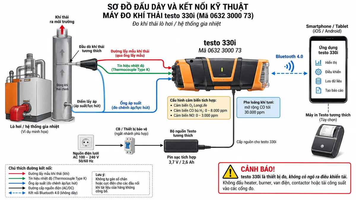 Vẽ sơ đồ đấu dây và kết nối kỹ thuật cho máy đo khí thải testo 330i mã 0632 3000 73 trên nền trắng, bố cục ngang. Bên trái thể hiện lò hơi hoặc hệ thống gia nhiệt và ống khói; đầu dò khí thải tương thích đặt trong vùng dòng khí chính, gồm đường lấy mẫu khí và thermocouple Type K đi tới đầu nối đầu dò chuyên dụng của testo 330i, không tự gán số chân hoặc cực điện khi tài liệu không công bố. Vẽ nhánh điểm lấy áp trên hệ thống qua bộ ống áp suất tới ngõ đo chênh áp/lực hút. Ở giữa ghi rõ cấu hình tích hợp gồm cảm biến O2 LongLife, cảm biến CO bù H2 dải 0–8.000 ppm và cảm biến NO dải 0–3.000 ppm; thể hiện cơ chế pha loãng khí tươi cho phép mở rộng CO tới 30.000 ppm. Phía dưới thể hiện nguồn điện lưới AC qua CB hoặc thiết bị bảo vệ/ngắt nhánh phù hợp → bộ nguồn Testo tương thích → thiết bị, đồng thời ghi chú pin sạc 3,7 V/2,6 Ah. Bên phải vẽ Bluetooth 4.0 tới smartphone/tablet chạy ứng dụng testo 330i để hiển thị, điều khiển, lưu dữ liệu và tạo báo cáo; thể hiện máy in Testo tương thích khi sử dụng phụ kiện phù hợp. Ghi rõ testo 330i là thiết bị đo, không có ngõ ra điều khiển tải và không đấu heater, burner, van điện, contactor hoặc tải công suất vào các cổng đo.