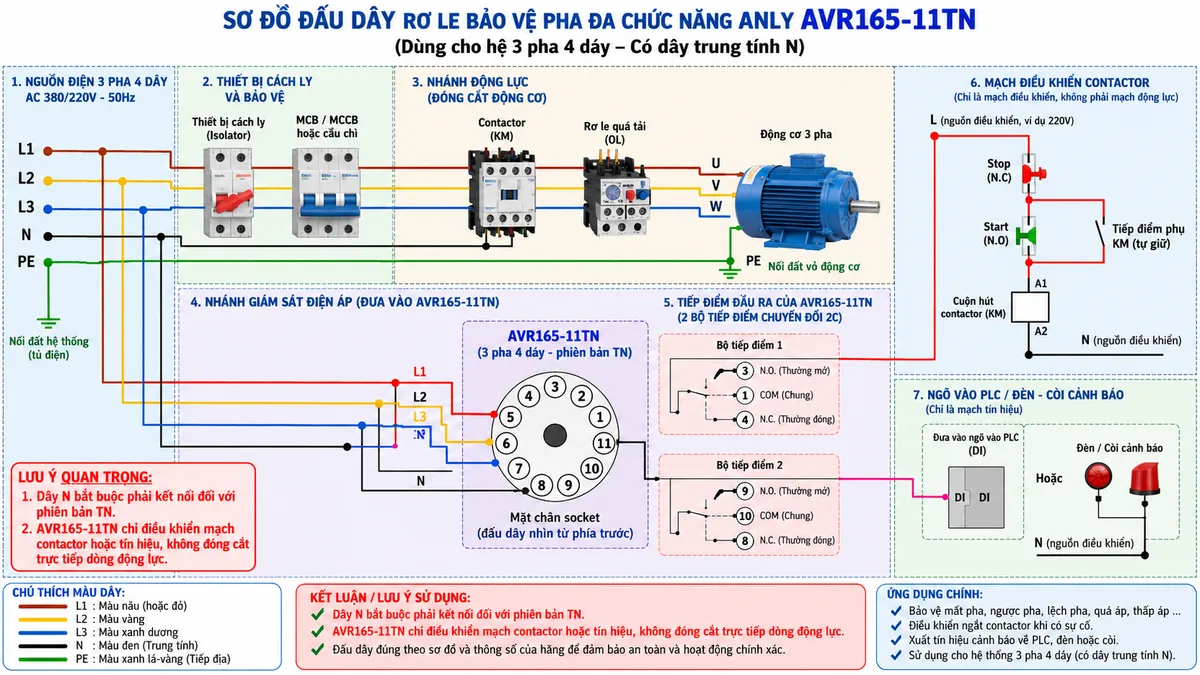 Vẽ sơ đồ đấu dây kỹ thuật cho Rơ le bảo vệ pha đa chức năng Anly AVR165-11TN trên nền trắng, bố cục ngang. Bên trái thể hiện nguồn ba pha 4 dây L1-L2-L3-N đi qua isolator và MCB/MCCB hoặc cầu chì bảo vệ rồi phân nhánh. Nhánh giám sát nối L1 vào chân 5, L2 vào chân 6, L3 vào chân 7 và N bắt buộc vào chân 11 của socket 11 chân AVR165-11TN theo CONNECTION của hãng. Ở giữa vẽ rõ socket 11 chân và hai bộ tiếp điểm chuyển đổi 2C: bộ thứ nhất COM chân 1, N.O. chân 3, N.C. chân 4; bộ thứ hai COM chân 10, N.O. chân 9, N.C. chân 8. Dùng một tiếp điểm N.O. trong mạch điều khiển cuộn hút contactor; bộ tiếp điểm còn lại đưa tín hiệu tới PLC hoặc đèn/còi cảnh báo. Nhánh động lực đi từ L1-L2-L3 qua contactor, relay quá tải rồi tới động cơ 3 pha; N chỉ đi theo yêu cầu của mạch điều khiển/tải, PE nối trực tiếp tới vỏ động cơ và không đi qua relay. Ghi chú nổi bật: dây N bắt buộc phải kết nối đối với phiên bản TN và AVR165-11TN chỉ điều khiển mạch contactor hoặc tín hiệu, không đóng cắt trực tiếp dòng động lực.