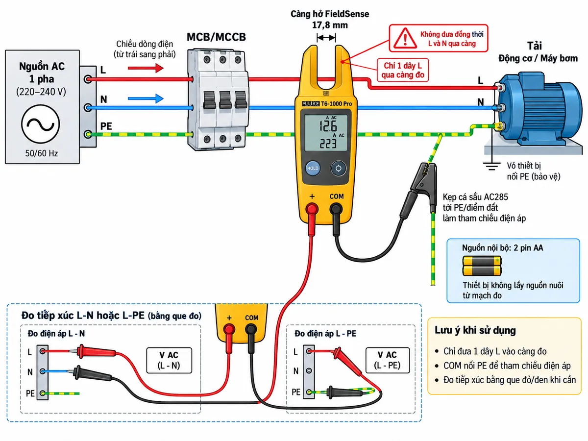 Sơ đồ đấu dây/kết nối FLUKE T6-1000 Pro trên nền trắng, bố cục ngang, chú thích tiếng Việt. Vẽ nguồn AC L-N-PE đi qua thiết bị bảo vệ MCB hoặc MCCB rồi cấp tới tải như động cơ hoặc máy bơm. Ở chế độ FieldSense, chỉ một dây pha L đi xuyên qua càng hở 17,8 mm của FLUKE T6-1000 Pro; dây đen COM nối bằng kẹp cá sấu AC285 tới PE/điểm đất làm tham chiếu điện áp; không đưa đồng thời L và N qua càng. Thể hiện thêm nhánh đo tiếp xúc: que đỏ từ cực + và que đen từ COM đo giữa L-N hoặc L-PE; ghi rõ thiết bị dùng nguồn nội bộ 2 pin AA, không lấy nguồn nuôi từ mạch đo. Thể hiện rõ nguồn, MCB/MCCB, L-N-PE, tải, càng FieldSense, cực +, COM và hướng dòng điện.