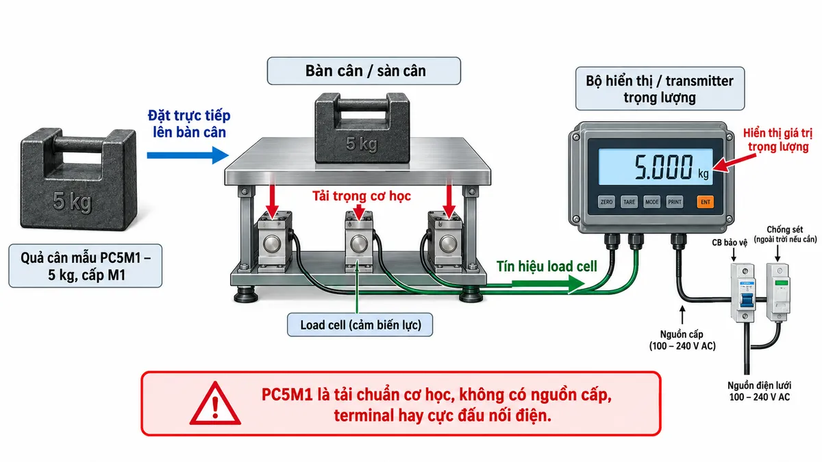 Sơ đồ kết nối/sử dụng Quả cân mẫu 5 kg Laumas PC5M1 trên nền trắng, bố cục ngang, chú thích tiếng Việt. Bên trái là “Quả cân mẫu PC5M1 – 5 kg, cấp M1” với hình dạng khối gang có tay cầm. Ở giữa là “Bàn cân / sàn cân” đặt trên một hoặc nhiều load cell; bên phải là “Bộ hiển thị / transmitter trọng lượng”. Dùng mũi tên thể hiện PC5M1 được đặt trực tiếp lên bàn cân → tải trọng cơ học truyền xuống load cell → tín hiệu load cell truyền tới thiết bị đo → hiển thị giá trị trọng lượng. Ghi chú nổi bật “PC5M1 là tải chuẩn cơ học, không có nguồn cấp, terminal hay cực đấu nối điện”. Nếu thể hiện nguồn và thiết bị bảo vệ điện thì chỉ bố trí ở phần bộ hiển thị/transmitter của hệ thống cân, không gán cho PC5M1.