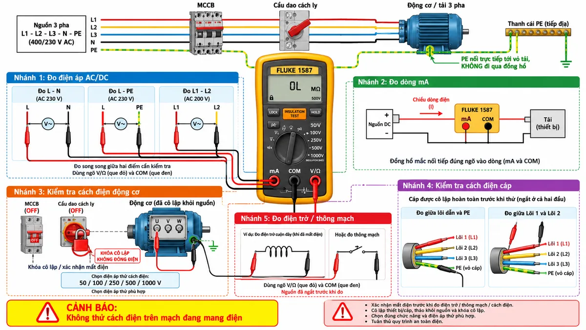 Sơ đồ đấu dây/kết nối kỹ thuật của Đồng hồ vạn năng đo điện trở cách điện True-RMS FLUKE 1587 trên nền trắng, bố cục ngang, chú thích tiếng Việt. Phía trên thể hiện nguồn L1-L2-L3-N-PE đi qua MCCB và cầu dao cách ly tới động cơ hoặc tải ba pha; PE đi trực tiếp tới vỏ động cơ và không đi qua đồng hồ. Đặt FLUKE 1587 ở trung tâm, thể hiện rõ các cổng COM, V/Ω và mA theo chức năng. Nhánh 1 đo điện áp AC/DC: hai que đo mắc song song giữa L-N, L-PE hoặc L1-L2. Nhánh 2 đo dòng mA: đồng hồ mắc nối tiếp đúng ngõ vào dòng. Nhánh 3 kiểm tra cách điện động cơ: MCCB và cầu dao OFF, khóa cô lập, xác nhận mất điện; tách động cơ khỏi nguồn rồi nối một đầu đo vào cuộn dây và đầu còn lại vào vỏ/PE, chọn điện áp thử 50/100/250/500/1000 V phù hợp. Nhánh 4 kiểm tra cách điện cáp: cáp được cô lập hoàn toàn, đo giữa lõi dẫn với PE hoặc giữa các lõi. Nhánh 5 đo điện trở/thông mạch với nguồn đã ngắt. Thể hiện cảnh báo không thử cách điện trên mạch đang mang điện, PE nối trực tiếp vỏ tải, mũi tên luồng đo rõ ràng, phong cách sơ đồ điện công nghiệp, nền trắng, không logo.