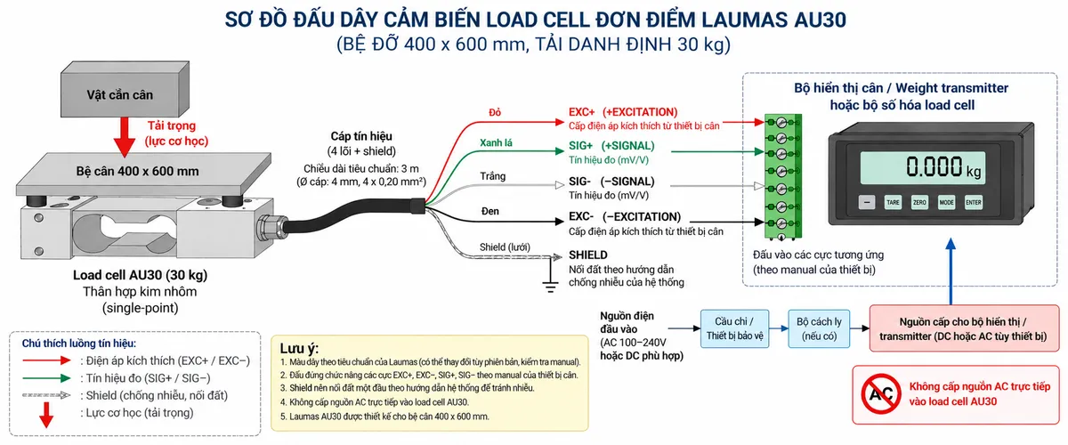 Vẽ sơ đồ đấu dây/kết nối kỹ thuật cho cảm biến load cell đơn điểm Laumas AU30 trên nền trắng, bố cục ngang. Bên trái thể hiện vật cần cân tác động xuống bệ cân 400 x 600 mm theo datasheet LAUMAS hiện hành; lực truyền tới load cell single-point AU30 tải danh định 30 kg ở giữa, thân bằng hợp kim nhôm. Từ AU30 vẽ cáp 4 lõi có shield với +EXCITATION màu đỏ, -EXCITATION màu đen, +SIGNAL màu xanh lá, -SIGNAL màu trắng và SHIELD; nối sang bộ hiển thị cân, weight transmitter hoặc bộ số hóa load cell tương thích ở bên phải. Thể hiện mũi tên EXC+/EXC- từ thiết bị điện tử cân cấp điện áp kích thích tới load cell và SIG+/SIG- từ load cell truyền tín hiệu vi sai về thiết bị xử lý. Không cấp nguồn AC trực tiếp vào AU30. Vẽ riêng nguồn cấp phù hợp cho bộ hiển thị/transmitter đi qua cầu chì hoặc thiết bị bảo vệ và điểm cách ly trước khi vào thiết bị. Ghi chú: phải đối chiếu terminal theo đúng manual của thiết bị đọc cân; shield xử lý theo hướng dẫn chống nhiễu và nối đất của toàn bộ hệ thống; lưu ý AU30 hiện được LAUMAS công bố cho bệ 400 x 600 mm.