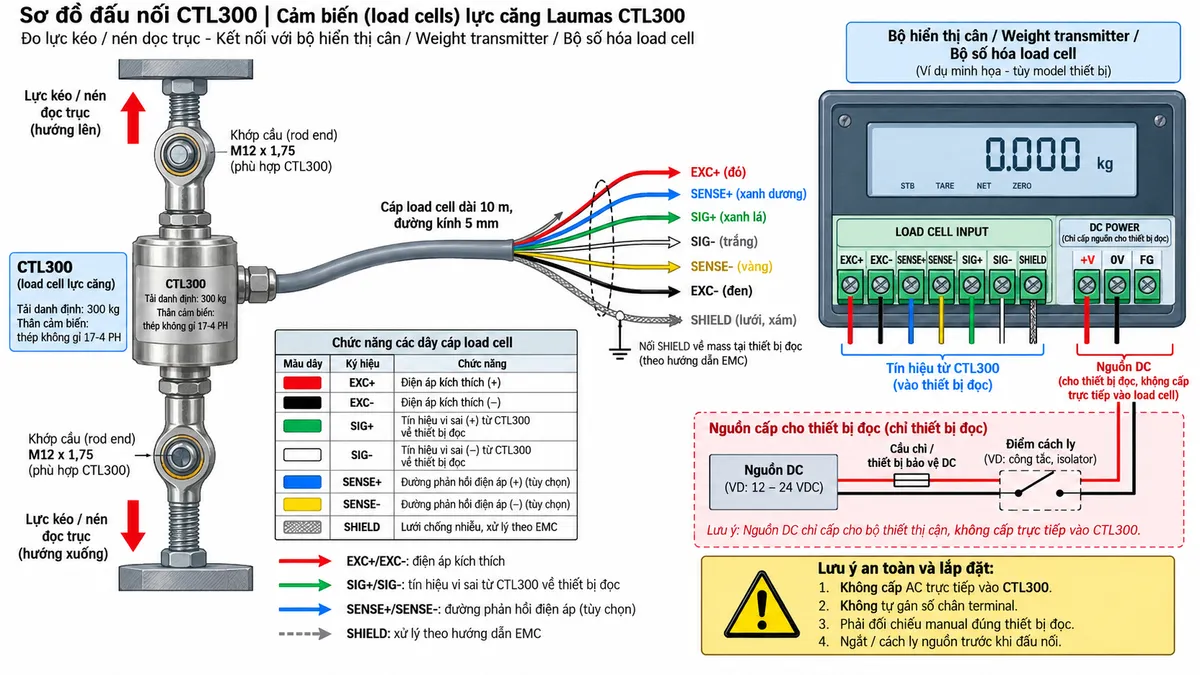 Vẽ sơ đồ đấu dây/kết nối kỹ thuật cho Laumas CTL300 trên nền trắng, bố cục ngang. Bên trái thể hiện tải hoặc cơ cấu thanh kéo truyền lực kéo/nén dọc trục qua hai liên kết cơ khí hoặc khớp cầu phù hợp M12 x 1,75 vào load cell CTL300 tải danh định 300 kg, thân thép không gỉ 17-4 PH ở giữa. Từ CTL300 vẽ cáp load cell dài 10 m, đường kính 5 mm đi sang bộ hiển thị cân, weight transmitter hoặc bộ số hóa load cell bên phải. Thể hiện EXC+/EXC- từ thiết bị đọc cấp điện áp kích thích tới cầu đo; SIG+/SIG- truyền tín hiệu vi sai từ CTL300 về thiết bị đọc; nếu cấu hình 6 dây được hỗ trợ thì thể hiện riêng SENSE+/SENSE- là đường phản hồi điện áp; SHIELD thể hiện riêng và xử lý theo hướng dẫn EMC. Vẽ nguồn DC riêng cho thiết bị điện tử cân đi qua cầu chì hoặc thiết bị bảo vệ DC và điểm cách ly trước khi cấp vào thiết bị đọc. Ghi chú rõ: không cấp AC trực tiếp vào CTL300, không tự gán số chân terminal, phải đối chiếu manual đúng thiết bị đọc và ngắt/cách ly nguồn trước khi đấu nối.
