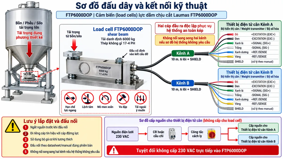 Vẽ sơ đồ đấu dây và kết nối kỹ thuật cho Laumas FTP6000DOP trên nền trắng, bố cục ngang. Bên trái là bồn, phễu, silo, bệ cân hoặc kết cấu máy tải lớn truyền tải trọng đúng phương qua bộ gá cơ khí tương thích tới load cell FTP6000DOP dạng shear beam, tải danh định 6000 kg, thân thép không gỉ 17-4 PH. Thể hiện một đầu cảm biến cố định chắc chắn vào kết cấu đỡ và đầu còn lại nhận tải đúng hướng; chú thích hạn chế lực ngang, lệch tâm, mô-men xoắn, va đập và tải ngoài ý muốn. Từ FTP6000DOP vẽ rõ HAI CÁP ĐẦU RA riêng, mỗi cáp dài 10 m, 6 lõi và SHIELD, đi tới kênh điện tử cân A và kênh điện tử cân B phục vụ hệ thống an toàn kép. Trên mỗi kênh thể hiện +EXCITATION/EXC+ màu đỏ, -EXCITATION/EXC- màu đen, +SIGNAL/SIG+ màu xanh lá, -SIGNAL/SIG- màu trắng, +REF./SENSE màu xanh dương, -REF./SENSE màu vàng và SHIELD xử lý theo manual. Không nối song song hai kênh nếu sơ đồ hệ thống không yêu cầu. Vẽ nguồn điện lưới chỉ cấp cho bộ hiển thị, weight transmitter hoặc bộ số hóa qua CB hoặc cầu chì và công tắc cách ly; ghi rõ tuyệt đối không cấp 230 VAC trực tiếp vào FTP6000DOP. Bổ sung lưu ý ngắt nguồn trước khi đấu nối và đi riêng cáp tín hiệu với cáp động lực.