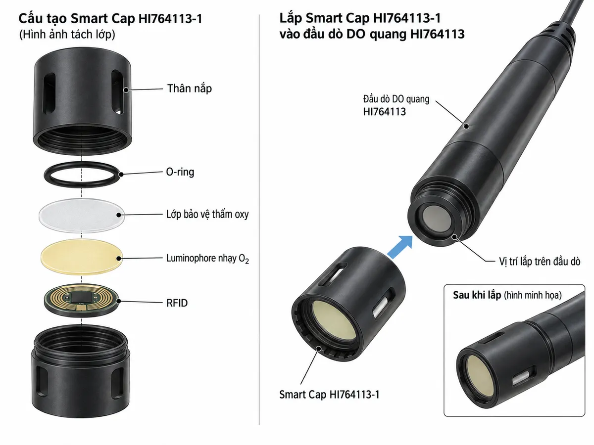 Sơ đồ cấu tạo Smart Cap HI764113-1 gồm thân nắp, O-ring, lớp bảo vệ thấm oxy, luminophore nhạy O2, RFID và vị trí lắp trên đầu dò DO quang HI764113
