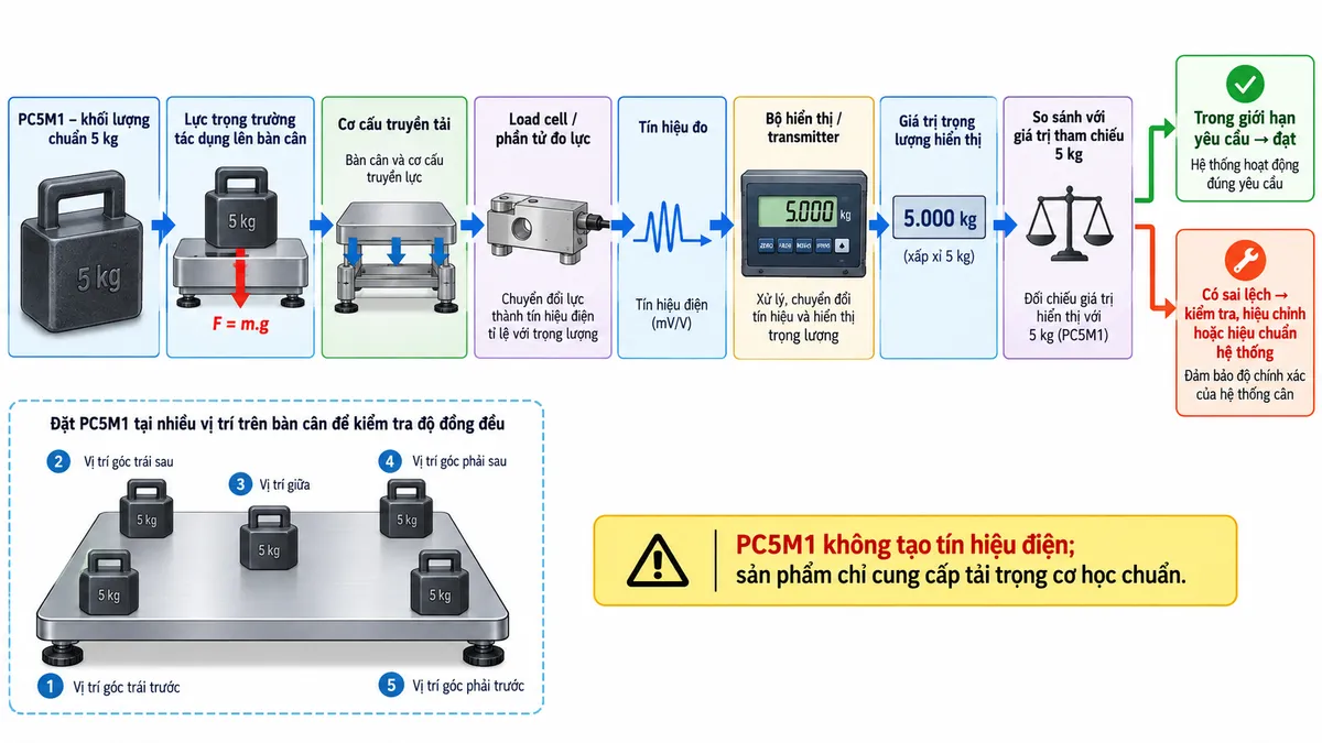 Sơ đồ nguyên lý hoạt động khi sử dụng Laumas PC5M1 trên nền trắng, bố cục ngang, chú thích tiếng Việt. Từ trái sang phải gồm “PC5M1 – khối lượng chuẩn 5 kg” → “Lực trọng trường tác dụng lên bàn cân” → “Cơ cấu truyền tải” → “Load cell / phần tử đo lực” → “Tín hiệu đo” → “Bộ hiển thị / transmitter” → “Giá trị trọng lượng hiển thị” → “So sánh với giá trị tham chiếu 5 kg”. Từ khối so sánh chia hai hướng: “Trong giới hạn yêu cầu → đạt” và “Có sai lệch → kiểm tra, hiệu chỉnh hoặc hiệu chuẩn hệ thống”. Bổ sung nhánh minh họa đặt PC5M1 tại nhiều vị trí trên bàn cân để kiểm tra độ đồng đều. Ghi chú rõ “PC5M1 không tạo tín hiệu điện; sản phẩm chỉ cung cấp tải trọng cơ học chuẩn”.