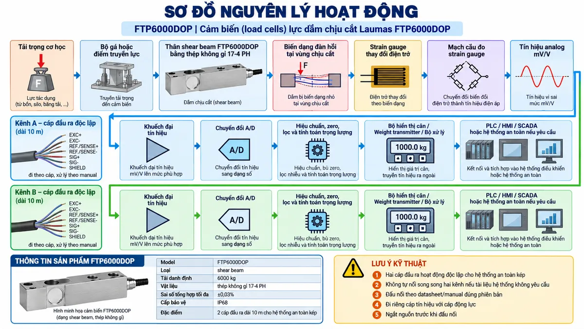 Vẽ sơ đồ nguyên lý hoạt động dạng khối cho Laumas FTP6000DOP trên nền trắng, bố cục ngang. Luồng cơ học chính: Tải trọng cơ học → Bộ gá hoặc điểm truyền lực → Thân shear beam FTP6000DOP bằng thép không gỉ 17-4 PH → Biến dạng đàn hồi tại vùng chịu cắt → Strain gauge thay đổi điện trở → Mạch cầu đo strain gauge → Tín hiệu analog mV/V. Từ phần cảm biến chia thành HAI KÊNH ĐẦU RA A và B phục vụ hệ thống an toàn kép; mỗi kênh thể hiện EXC+/EXC- cấp kích thích, REF./SENSE+/REF./SENSE- hồi tiếp điện áp kích thích, SIG+/SIG- truyền tín hiệu vi sai và SHIELD đi theo cáp. Sau mỗi kênh thể hiện Khuếch đại tín hiệu → Chuyển đổi A/D → Hiệu chuẩn, zero, lọc và tính toán trọng lượng → Bộ hiển thị cân/Weight transmitter hoặc bộ xử lý tương ứng → PLC/HMI/SCADA hoặc hệ thống an toàn nếu yêu cầu. Thêm khối nhận diện gồm FTP6000DOP, shear beam, tải danh định 6000 kg, thép không gỉ 17-4 PH, sai số tổng hợp tối đa ±0,03%, cấp bảo vệ IP68 và 2 cáp đầu ra dài 10 m cho hệ thống an toàn kép.