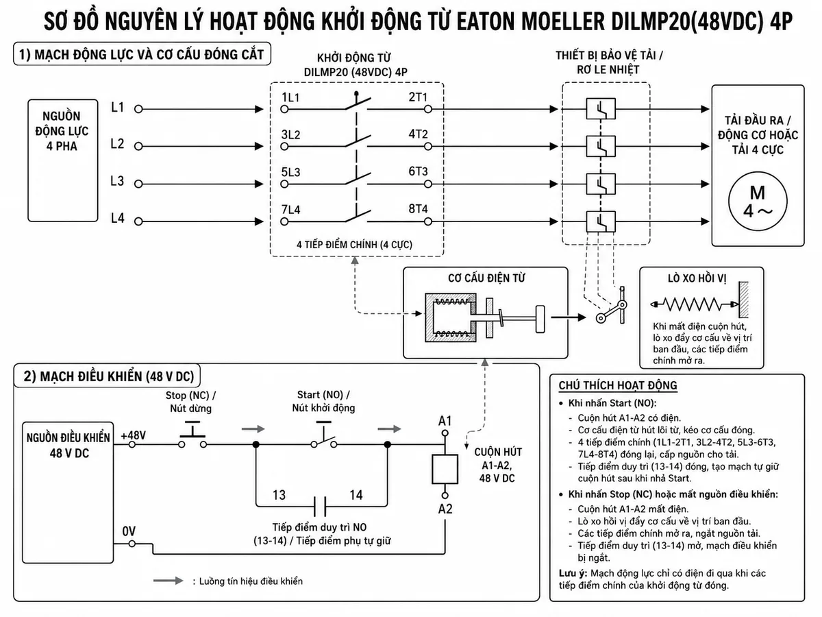 Sơ đồ nguyên lý hoạt động của Khởi động từ Eaton Moeller 276986 - DILMP20(48VDC), thể hiện các khối nguồn điều khiển 48 V DC, nút Stop, nút Start, tiếp điểm duy trì, cuộn hút A1-A2, cơ cấu điện từ, bốn tiếp điểm chính 1L1-2T1, 3L2-4T2, 5L3-6T3, 7L4-8T4, thiết bị bảo vệ tải và tải đầu ra; dùng mũi tên mô tả luồng tín hiệu điều khiển và luồng nguồn động lực khi contactor đóng/ngắt, bố cục kỹ thuật rõ ràng nền trắng