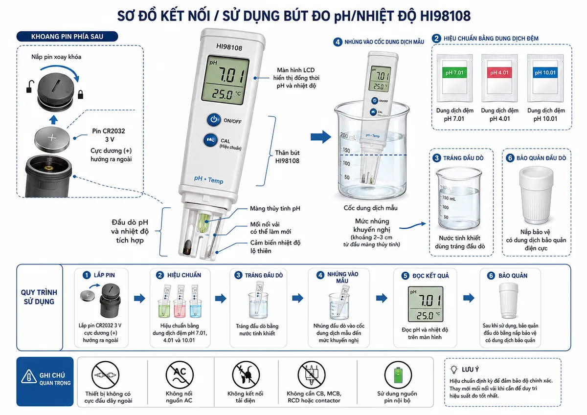 Vẽ sơ đồ kết nối sử dụng Bút Đo pH/Nhiệt Độ Hanna HI98108, nền trắng, bố cục ngang, phong cách kỹ thuật đo lường và nhãn tiếng Việt; thể hiện pin CR2032 3 V lắp trong khoang pin phía sau, cực dương (+) hướng ra ngoài và nắp pin xoay khóa; thân bút gồm nút ON/OFF, nút CAL và màn hình LCD hiển thị pH cùng nhiệt độ; đầu dò tích hợp gồm màng thủy tinh pH, mối nối vải có thể làm mới và cảm biến nhiệt độ lộ thiên; đầu dò được nhúng vào cốc dung dịch mẫu đến đúng mức nhúng khuyến nghị; bên cạnh có dung dịch đệm pH 7.01, pH 4.01 và pH 10.01, nước tinh khiết dùng tráng đầu dò và nắp bảo vệ chứa dung dịch bảo quản điện cực; ghi chú rõ thiết bị không có cực đấu dây ngoài, không nối nguồn AC, không kết nối tải điện, không cần CB, MCB, RCD hoặc contactor vì chỉ sử dụng nguồn pin nội bộ.