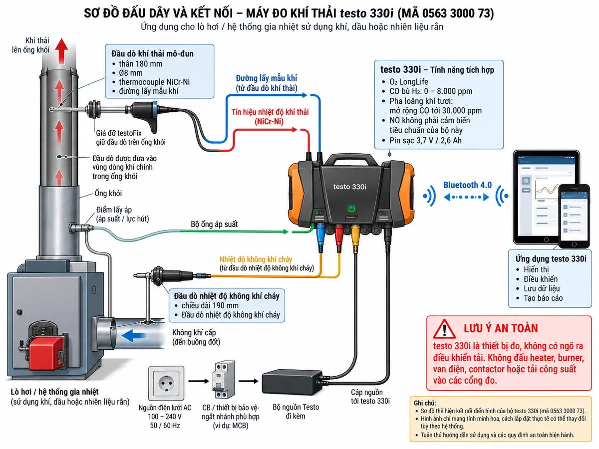 Vẽ sơ đồ đấu dây và kết nối kỹ thuật cho bộ máy đo khí thải testo 330i mã 0563 3000 73 trên nền trắng, bố cục ngang. Bên trái thể hiện lò hơi hoặc hệ thống gia nhiệt sử dụng khí, dầu hoặc nhiên liệu rắn và ống khói. Đầu dò khí thải mô-đun đi kèm bộ, thân 180 mm, đường kính 8 mm, thermocouple NiCr-Ni và đường lấy mẫu khí được đưa vào vùng dòng khí chính rồi nối qua đầu nối chuyên dụng tới máy testo 330i ở giữa, không tự gán số chân hoặc cực điện khi tài liệu không công bố. Vẽ riêng đầu dò nhiệt độ không khí cháy dài 190 mm đặt tại vùng không khí cấp và nối tới thiết bị theo đầu nối chuyên dụng. Vẽ nhánh điểm lấy áp trên ống khói qua bộ ống áp suất tới ngõ đo chênh áp/lực hút. Ghi rõ máy trong bộ tích hợp O2 LongLife và CO bù H2 0–8.000 ppm, có pha loãng khí tươi mở rộng CO tới 30.000 ppm; không thể hiện NO là cảm biến tiêu chuẩn. Phía dưới thể hiện nguồn điện lưới AC qua CB hoặc thiết bị bảo vệ/ngắt nhánh phù hợp → bộ nguồn Testo đi kèm → testo 330i, đồng thời ghi chú pin sạc 3,7 V/2,6 Ah. Bên phải vẽ Bluetooth 4.0 tới smartphone/tablet chạy ứng dụng testo 330i để hiển thị, điều khiển, lưu dữ liệu và tạo báo cáo. Thể hiện giá đỡ testoFix giữ đầu dò trên ống khói. Ghi rõ testo 330i là thiết bị đo, không có ngõ ra điều khiển tải và không đấu heater, burner, van điện, contactor hoặc tải công suất vào các cổng đo.