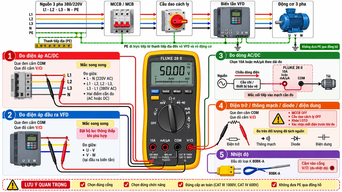 Sơ đồ đấu dây/kết nối kỹ thuật của đồng hồ vạn năng True-RMS FLUKE 28 II trên nền trắng, bố cục ngang, chú thích tiếng Việt. Phần trên thể hiện nguồn L1-L2-L3-N-PE → MCCB hoặc MCB phù hợp → cầu dao cách ly → biến tần VFD → động cơ ba pha; dây PE đi trực tiếp từ thanh tiếp địa tới vỏ VFD và vỏ động cơ, tuyệt đối không đi qua đồng hồ. Ở trung tâm đặt FLUKE 28 II với bốn cổng “10A”, “mA/µA”, “COM” và “V/Ω”. Nhánh “Đo điện áp AC/DC”: que đỏ vào V/Ω, que đen vào COM, mắc song song L-N, L1-L2 hoặc hai điểm cần đo. Nhánh “Đo điện áp đầu ra VFD”: que đỏ V/Ω, que đen COM, mắc song song U-V hoặc V-W và minh họa bật bộ lọc thông thấp khi phù hợp. Nhánh “Đo dòng AC/DC”: nguồn → cầu chì hoặc thiết bị bảo vệ → cổng 10A hoặc mA/µA theo dải đo → mạch đo FLUKE 28 II → COM → tải, thể hiện mắc nối tiếp và chiều dòng. Nhánh “Điện trở / thông mạch / diode / điện dung”: MCCB OFF, cầu dao cách ly OFF, khóa LOTO và xác nhận mất điện trước khi đo. Nhánh “Nhiệt độ”: đầu dò loại K 80BK-A kết nối với đồng hồ. Thể hiện cảnh báo chọn đúng cổng, đúng chức năng, đúng cấp an toàn và không đưa PE qua đồng hồ.