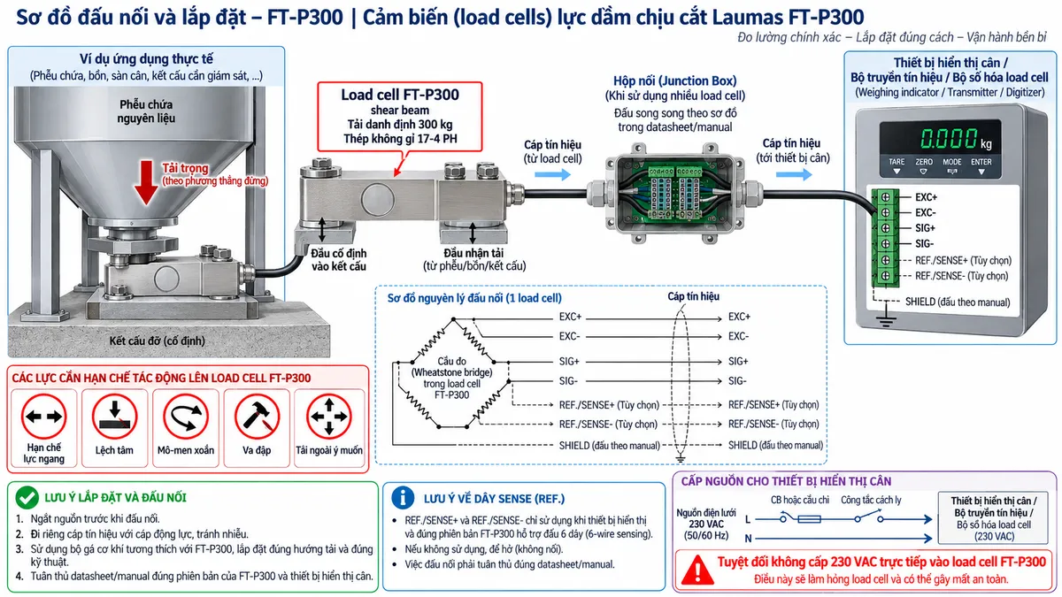 Vẽ sơ đồ đấu dây/kết nối kỹ thuật cho Laumas FTP1000DOP trên nền trắng, bố cục ngang. Bên trái thể hiện bồn, phễu, bệ cân, máy nâng hoặc kết cấu cần giám sát tải truyền lực theo phương thiết kế qua bộ gá cơ khí phù hợp tới load cell FTP1000DOP tải danh định 1000 kg dạng shear beam bằng thép không gỉ 17-4 PH ở giữa. Thể hiện một đầu cảm biến được cố định chắc chắn vào kết cấu đỡ và đầu nhận tải làm việc đúng hướng; chú thích hạn chế lực ngang, lệch tâm, mô-men xoắn, va đập và tải ngoài ý muốn. Thể hiện rõ bên trong FTP1000DOP có hai cầu Wheatstone độc lập A và B, từ cảm biến đi ra hai cáp tín hiệu riêng, mỗi cáp dài 5 m. Cáp A đi tới thiết bị điện tử cân / weight transmitter / bộ giới hạn tải kênh A; cáp B đi tới thiết bị điện tử hoặc kênh an toàn B. Trên từng kênh thể hiện EXC+/EXC- cấp điện áp kích thích, SIG+/SIG- truyền tín hiệu vi sai, REF./SENSE+/REF./SENSE- nếu thiết bị đọc sử dụng cấu hình 6 dây, và SHIELD đấu theo manual. Không tự thay đổi hoặc ghép chung hai cầu đo. Phần điện lưới chỉ cấp cho các thiết bị điện tử qua CB hoặc cầu chì và công tắc cách ly phù hợp; tuyệt đối không cấp 230 VAC trực tiếp vào load cell. Bổ sung lưu ý ngắt nguồn trước khi đấu nối, tách cáp tín hiệu khỏi cáp động lực và tuân thủ sơ đồ đấu dây của hệ thống an toàn kép.