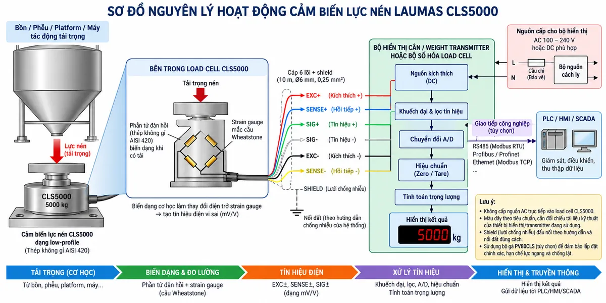Vẽ sơ đồ nguyên lý hoạt động dạng khối cho cảm biến lực nén Laumas CLS5000 trên nền trắng, bố cục ngang. Bắt đầu từ tải trọng của bồn, phễu, platform, roller hoặc máy truyền xuống điểm đỡ và tác động lực nén lên CLS5000 tải danh định 5000 kg. Bên trong cảm biến thể hiện phần tử đàn hồi bằng thép không gỉ AISI 420 và các strain gauge mắc thành cầu Wheatstone. Từ bộ hiển thị cân hoặc weight transmitter vẽ EXC+/EXC- cấp điện áp kích thích tới cầu đo và SENSE+/SENSE- hồi tiếp điện áp kích thích thực tế về thiết bị đọc. Khi tải thay đổi, phần tử đàn hồi biến dạng làm điện trở strain gauge thay đổi và tạo tín hiệu vi sai SIG+/SIG- dạng mV/V. Tín hiệu tiếp tục qua khối khuếch đại và lọc, chuyển đổi A/D, hiệu chuẩn, Zero/Tare, tính toán trọng lượng rồi tới màn hình hiển thị. Nếu thiết bị điện tử cân hỗ trợ giao tiếp công nghiệp, thêm nhánh dữ liệu số sau xử lý tới PLC/HMI/SCADA. Dùng mũi tên và chú thích tiếng Việt để phân biệt luồng lực cơ học, điện áp kích thích EXC, hồi tiếp SENSE, tín hiệu đo SIG dạng mV/V và dữ liệu số sau xử lý.