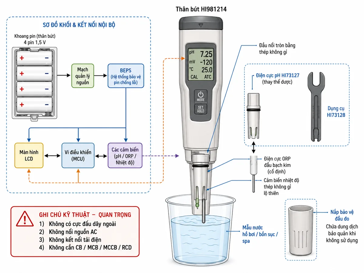 Sơ đồ kết nối sử dụng Bút Đo Combo pH/ORP/Nhiệt Độ Hanna HI981214, nền trắng, bố cục ngang và nhãn tiếng Việt; thể hiện khoang nguồn gồm 4 pin 1,5 V lắp đúng cực dương và cực âm, đi qua mạch quản lý nguồn và hệ thống BEPS tới màn hình LCD, vi điều khiển và các cảm biến; thể hiện điện cực pH HI73127 có thể tháo bằng dụng cụ HI73128, kết nối với thân bút qua đầu nối tròn bằng thép không gỉ, bên cạnh là điện cực ORP đầu bạch kim cố định và cảm biến nhiệt độ thép không gỉ lộ thiên; cụm đầu đo được nhúng trong cốc mẫu nước hồ bơi, bồn sục hoặc spa, có nắp bảo vệ chứa dung dịch bảo quản khi không sử dụng; ghi chú rõ thiết bị không có cực đấu dây ngoài, không nối nguồn AC, không kết nối tải điện và không cần CB, MCB, MCCB hoặc RCD.