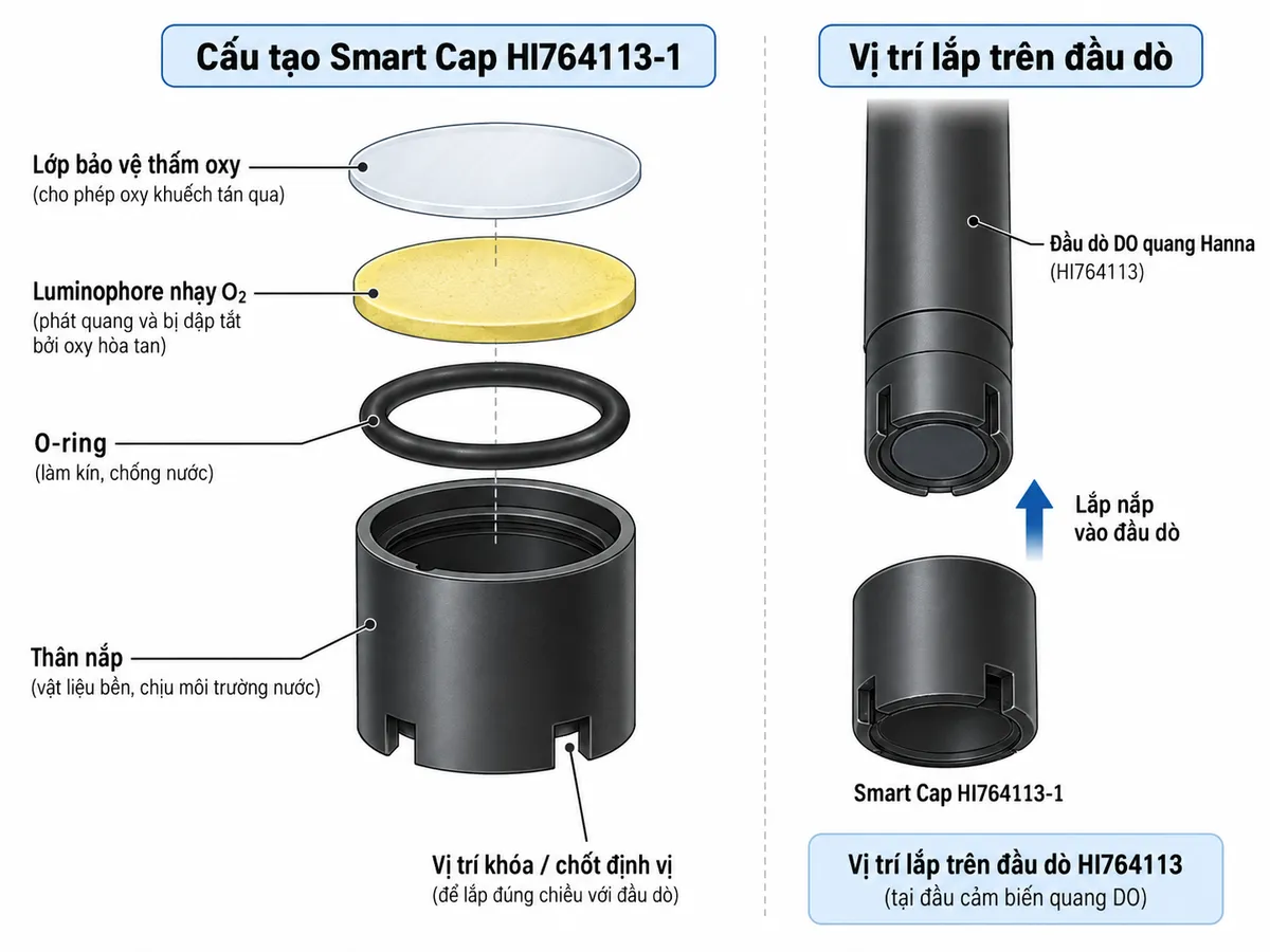 Sơ đồ cấu tạo nắp màng HI764080A/P gồm thân nắp ABS, màng PTFE thấm oxy, khoang chứa điện phân HI7041 và vị trí lắp trên đầu dò HI764080