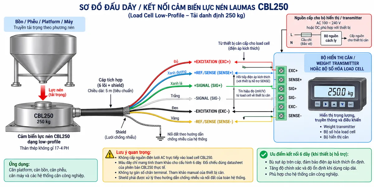 Vẽ sơ đồ đấu dây/kết nối kỹ thuật cho cảm biến lực nén low-profile Laumas CBL250 trên nền trắng, bố cục ngang. Bên trái thể hiện platform, máy, bồn hoặc phễu truyền tải trọng cơ học theo phương nén xuống load cell CBL250 tải danh định 250 kg. Ở giữa thể hiện CBL250 dạng low-profile, thân thép không gỉ 17-4 PH và cáp tích hợp có shield đi sang bộ hiển thị cân, weight transmitter hoặc bộ số hóa load cell ở bên phải. Với cấu hình 6 dây, thể hiện +SIGNAL/SIG+ màu xanh lá, +EXCITATION/EXC+ màu đỏ, +REF./SENSE/SENSE+ màu xanh dương, -SIGNAL/SIG- màu trắng, -EXCITATION/EXC- màu đen, -REF./SENSE/SENSE- màu vàng và SHIELD; ghi rõ phải đối chiếu datasheet đúng phiên bản nếu cảm biến thực tế dùng cấu hình dây khác. Dùng mũi tên chỉ EXC+/EXC- từ thiết bị điện tử cân tới CBL250, SIG+/SIG- từ CBL250 về thiết bị xử lý và SENSE+/SENSE- hồi tiếp về thiết bị đọc khi cấu hình hỗ trợ. Vẽ riêng nguồn cấp phù hợp cho bộ hiển thị hoặc transmitter đi qua cầu chì hoặc thiết bị bảo vệ và điểm cách ly. Ghi chú không cấp nguồn AC trực tiếp vào CBL250, không tự gán số chân terminal mà phải đối chiếu manual đúng thiết bị đọc, shield phải được xử lý theo hướng dẫn chống nhiễu và nối đất của toàn hệ thống.