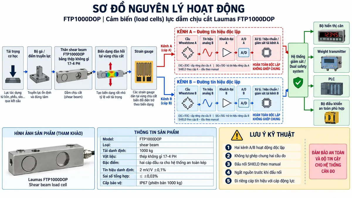 Vẽ sơ đồ đấu dây và kết nối kỹ thuật cho Laumas FT-P500 trên nền trắng, bố cục ngang. Bên trái thể hiện bồn, phễu, bệ cân hoặc kết cấu máy truyền tải trọng đúng phương qua bộ gá TF500 hoặc bộ gá cơ khí tương thích tới load cell FT-P500 dạng shear beam, tải danh định 500 kg, thân thép không gỉ 17-4 PH. Thể hiện một đầu cảm biến được cố định chắc chắn vào kết cấu đỡ và đầu nhận tải làm việc đúng hướng; chú thích hạn chế lực ngang, lệch tâm, mô-men xoắn, va đập và tải ngoài ý muốn. Từ FT-P500 vẽ cáp 5 m, 6 lõi × 0,25 mm² có SHIELD tới hộp nối load cell khi sử dụng nhiều cảm biến, sau đó tới bộ hiển thị cân, weight transmitter hoặc bộ số hóa. Thể hiện +EXCITATION/EXC+ màu đỏ, -EXCITATION/EXC- màu đen từ thiết bị điện tử cân cấp kích thích; +SIGNAL/SIG+ màu xanh lá, -SIGNAL/SIG- màu trắng truyền tín hiệu vi sai trở về; +REF./SENSE màu xanh dương, -REF./SENSE màu vàng dùng với thiết bị hỗ trợ cấu hình sense; SHIELD xử lý theo manual. Vẽ nguồn điện lưới chỉ cấp cho bộ hiển thị hoặc transmitter qua CB hoặc cầu chì và công tắc cách ly; tuyệt đối không cấp 230 VAC trực tiếp vào FT-P500. Bổ sung lưu ý ngắt nguồn trước khi đấu nối và đi riêng cáp tín hiệu với cáp động lực.