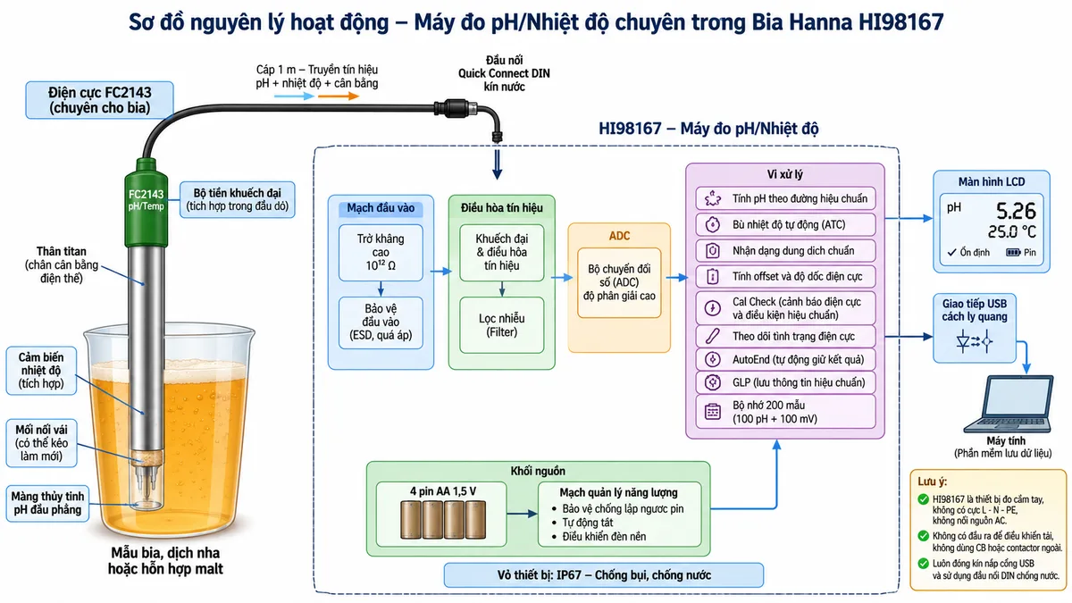 Vẽ sơ đồ nguyên lý hoạt động dạng khối của máy đo pH và nhiệt độ chuyên trong bia Hanna HI98167 trên nền trắng, bố cục ngang và nhãn tiếng Việt. Luồng bắt đầu từ mẫu bia, dịch nha hoặc hỗn hợp malt đi vào điện cực FC2143 gồm màng thủy tinh pH đầu phẳng, điện cực tham chiếu đơn Ag/AgCl, điện ly gel, mối nối vải có thể kéo làm mới, cảm biến nhiệt độ, thân titan làm chân cân bằng điện thế và bộ tiền khuếch đại. Tín hiệu pH và nhiệt độ truyền qua cáp 1 m cùng đầu nối Quick Connect DIN đến mạch đầu vào trở kháng cao 10¹² Ω của HI98167, sau đó qua bảo vệ đầu vào, điều hòa tín hiệu, lọc nhiễu và bộ chuyển đổi ADC. Sau ADC là vi xử lý với các khối tính pH theo đường hiệu chuẩn, bù nhiệt độ tự động, nhận dạng dung dịch chuẩn, tính offset và độ dốc, Cal Check, theo dõi tình trạng điện cực, AutoEnd, GLP và bộ nhớ 200 mẫu. Đầu ra gồm màn hình LCD hiển thị pH, nhiệt độ, trạng thái ổn định và pin; một nhánh dữ liệu đi qua giao tiếp USB cách ly quang tới máy tính. Khối nguồn gồm 4 pin AA, quản lý năng lượng, tự động tắt và điều khiển đèn nền.
