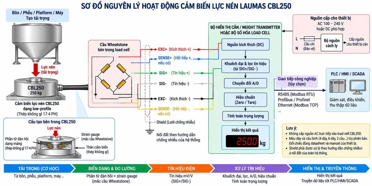 Vẽ sơ đồ nguyên lý hoạt động dạng khối cho cảm biến lực nén Laumas CBL250 trên nền trắng, bố cục ngang. Bắt đầu từ tải trọng của platform, máy, bồn hoặc phễu truyền xuống điểm đỡ và tác động lực nén lên CBL250 tải danh định 250 kg. Bên trong cảm biến thể hiện phần tử đàn hồi dạng màng bằng thép không gỉ 17-4 PH và các strain gauge mắc thành cầu Wheatstone. Từ bộ hiển thị cân hoặc weight transmitter vẽ EXC+/EXC- cấp điện áp kích thích tới cầu đo; nếu cấu hình sáu dây hỗ trợ sense thì thể hiện SENSE+/SENSE- hồi tiếp điện áp kích thích thực tế về thiết bị đọc. Khi tải thay đổi, phần tử đàn hồi biến dạng làm điện trở strain gauge thay đổi và tạo tín hiệu vi sai SIG+/SIG- dạng mV/V. Tín hiệu tiếp tục qua khối khuếch đại và lọc, chuyển đổi A/D, hiệu chuẩn, Zero/Tare, tính toán trọng lượng rồi tới màn hình hiển thị. Nếu bộ điện tử cân hỗ trợ giao tiếp công nghiệp, thêm nhánh dữ liệu số sau xử lý tới PLC/HMI/SCADA. Dùng mũi tên và chú thích tiếng Việt để phân biệt luồng lực cơ học, điện áp kích thích EXC, hồi tiếp SENSE nếu có, tín hiệu đo SIG dạng mV/V và dữ liệu số sau xử lý.