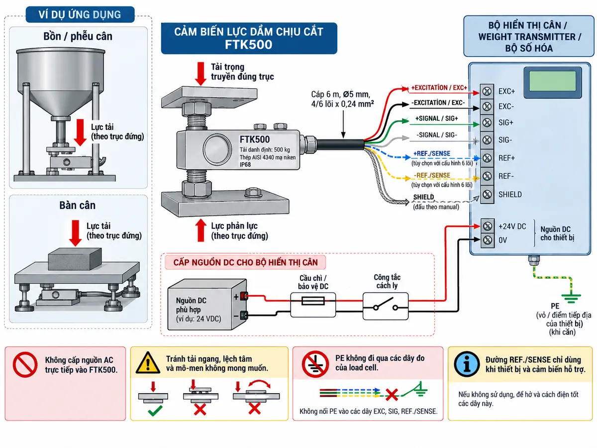 Vẽ sơ đồ nguyên lý hoạt động dạng khối cho Laumas FT-P500 trên nền trắng, bố cục ngang. Luồng chính gồm: Tải trọng cơ học → Bộ gá TF500 hoặc điểm truyền lực → Thân shear beam FT-P500 bằng thép không gỉ 17-4 PH → Biến dạng đàn hồi tại vùng chịu cắt → Strain gauge thay đổi điện trở → Cầu Wheatstone → Tín hiệu analog vi sai 2 mV/V → Khuếch đại tín hiệu → Chuyển đổi A/D → Hiệu chuẩn, zero, tare, lọc và tính toán trọng lượng → Bộ hiển thị cân hoặc Weight transmitter → PLC/HMI/SCADA nếu hệ thống yêu cầu. Vẽ EXC+/EXC- từ thiết bị điện tử cân cấp điện áp kích thích tới cầu Wheatstone, SIG+/SIG- truyền tín hiệu về thiết bị đọc, REF./SENSE+/REF./SENSE- hồi tiếp điện áp kích thích khi thiết bị hỗ trợ cấu hình 6 dây và SHIELD đi cùng cáp tín hiệu, đấu theo manual. Thêm khối nhận diện gồm FT-P500, shear beam, tải danh định 500 kg, thép không gỉ 17-4 PH, sai số tổng hợp tối đa ±0,02%, cấp bảo vệ IP68 và cấp chính xác C3 theo OIML R 60.