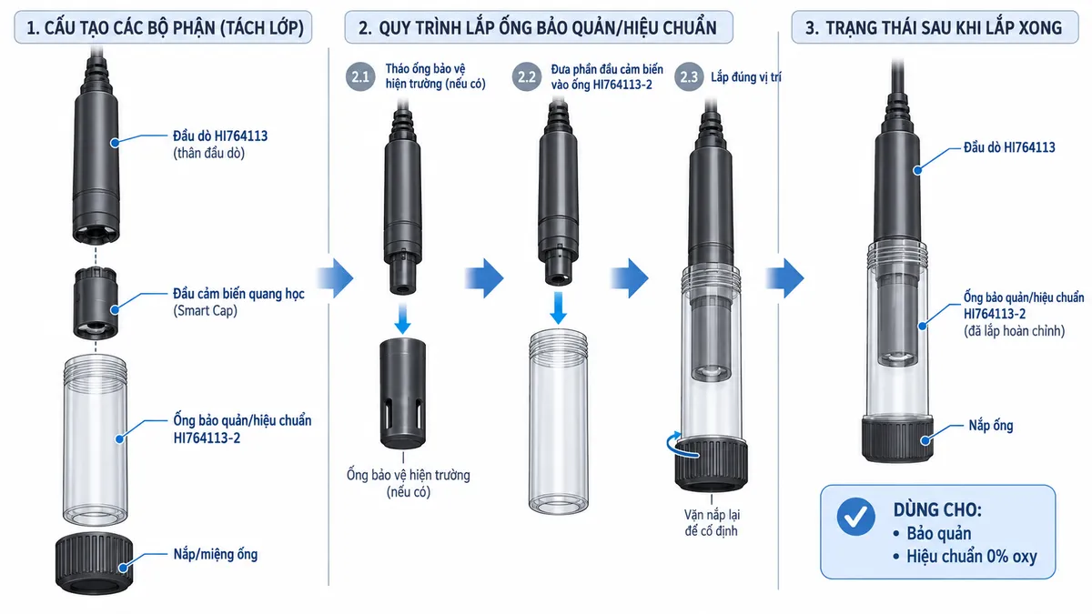 Sơ đồ cấu tạo nắp màng HI764080A/P gồm thân nắp ABS, O-ring, màng PTFE thấm oxy, dung dịch điện phân HI7041 và vị trí lắp trên đầu dò HI764080
