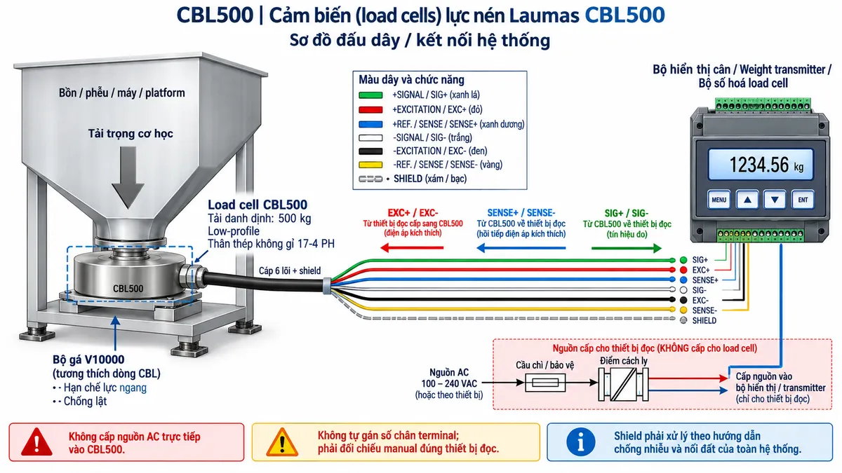 Vẽ sơ đồ đấu dây/kết nối kỹ thuật cho cảm biến lực nén low-profile Laumas CBL500 trên nền trắng, bố cục ngang. Bên trái thể hiện platform, máy, bồn hoặc phễu truyền tải trọng cơ học theo phương nén xuống load cell CBL500 tải danh định 500 kg. Ở giữa thể hiện CBL500 dạng low-profile, thân thép không gỉ 17-4 PH và cáp 6 lõi có shield đi sang bộ hiển thị cân, weight transmitter hoặc bộ số hóa load cell ở bên phải. Thể hiện +SIGNAL/SIG+ màu xanh lá, +EXCITATION/EXC+ màu đỏ, +REF./SENSE/SENSE+ màu xanh dương, -SIGNAL/SIG- màu trắng, -EXCITATION/EXC- màu đen, -REF./SENSE/SENSE- màu vàng và SHIELD. Dùng mũi tên chỉ EXC+/EXC- từ thiết bị điện tử cân tới CBL500, SIG+/SIG- từ CBL500 về thiết bị xử lý và SENSE+/SENSE- hồi tiếp điện áp kích thích thực tế về thiết bị đọc. Vẽ riêng nguồn cấp phù hợp cho bộ hiển thị hoặc transmitter đi qua cầu chì hoặc thiết bị bảo vệ và điểm cách ly. Có thể minh họa bộ gá V10000 tương thích với dòng CBL, gồm cơ cấu hạn chế lực ngang và chống lật khi ứng dụng dưới bồn hoặc phễu. Ghi chú không cấp nguồn AC trực tiếp vào CBL500, không tự gán số chân terminal mà phải đối chiếu manual đúng thiết bị đọc, shield phải được xử lý theo hướng dẫn chống nhiễu và nối đất của toàn hệ thống.