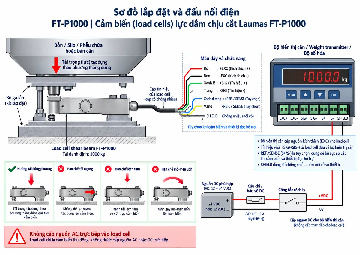 Sơ đồ đấu dây/kết nối kỹ thuật Laumas FT-P1000 trên nền trắng, bố cục ngang. Bên trái thể hiện tải trọng cơ học tác động thẳng đứng qua bàn cân, bồn hoặc kết cấu truyền lực và bộ gá phù hợp vào load cell shear beam FT-P1000 tải danh định 1000 kg ở giữa. Từ FT-P1000 vẽ cáp sang bộ hiển thị cân, weight transmitter hoặc bộ số hóa ở bên phải. Thể hiện +EXCITATION/EXC+ màu đỏ và -EXCITATION/EXC- màu đen từ thiết bị điện tử cân cấp kích thích tới load cell; +SIGNAL/SIG+ màu xanh lá và -SIGNAL/SIG- màu trắng truyền tín hiệu vi sai về thiết bị. Thể hiện +REF./SENSE màu xanh dương và -REF./SENSE màu vàng dưới dạng tùy chọn khi phiên bản cảm biến và thiết bị đọc hỗ trợ; có SHIELD chống nhiễu. Vẽ nguồn DC phù hợp cấp riêng cho thiết bị điện tử cân qua cầu chì hoặc thiết bị bảo vệ DC và công tắc cách ly; ghi chú không cấp nguồn AC trực tiếp vào load cell. Thể hiện hướng tải đúng phương và lưu ý hạn chế tải ngang, lệch tâm, mô-men uốn.