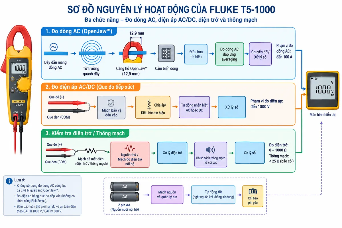 Vẽ sơ đồ nguyên lý hoạt động dạng khối của FLUKE T5-1000 trên nền trắng, bố cục ngang, chú thích tiếng Việt. Nhánh đo dòng AC: dây dẫn mang dòng AC → từ trường quanh dây → càng hở OpenJaw 12,9 mm → cảm biến dòng → điều hòa tín hiệu → khối đo dòng AC đáp ứng averaging → chuyển đổi/xử lý số → màn hình, ghi chú phạm vi đến 100 A. Nhánh đo điện áp: que đo đỏ và đen → mạch bảo vệ đầu vào → chia áp/điều hòa tín hiệu → khối tự động nhận biết AC hoặc DC → xử lý số → màn hình, ghi chú đến 1000 V. Nhánh điện trở/thông mạch: hai que đo trên mạch đã mất điện → nguồn thử/mạch đo điện trở nội bộ → xử lý điện trở → bộ so sánh thông mạch và còi báo → xử lý số → màn hình. Vẽ nguồn 2 pin AA cấp cho các mạch điện tử, thêm khối tự động tắt và chỉ báo pin yếu. Không thể hiện FieldSense vì T5-1000 đo điện áp bằng que đo tiếp xúc.
