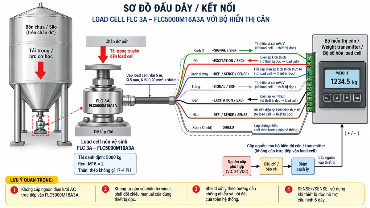 Vẽ sơ đồ nguyên lý hoạt động dạng khối cho cảm biến lực nén Laumas CBL500 trên nền trắng, bố cục ngang. Bắt đầu từ tải trọng của platform, máy, bồn hoặc phễu truyền xuống điểm đỡ và tác động lực nén lên CBL500 tải danh định 500 kg. Bên trong cảm biến thể hiện phần tử đàn hồi bằng thép không gỉ 17-4 PH và các strain gauge mắc thành cầu Wheatstone. Từ bộ hiển thị cân hoặc weight transmitter vẽ EXC+/EXC- cấp điện áp kích thích tới cầu đo và SENSE+/SENSE- hồi tiếp điện áp kích thích thực tế về thiết bị đọc. Khi tải thay đổi, phần tử đàn hồi biến dạng làm điện trở strain gauge thay đổi và tạo tín hiệu vi sai SIG+/SIG- dạng mV/V. Tín hiệu tiếp tục qua các khối khuếch đại và lọc, chuyển đổi A/D, hiệu chuẩn, Zero/Tare, tính toán trọng lượng rồi tới màn hình hiển thị. Nếu thiết bị điện tử cân hỗ trợ giao tiếp công nghiệp, thêm nhánh dữ liệu số sau xử lý tới PLC/HMI/SCADA. Dùng mũi tên và chú thích tiếng Việt để phân biệt luồng lực cơ học, điện áp kích thích EXC, hồi tiếp SENSE, tín hiệu đo SIG dạng mV/V và dữ liệu số sau xử lý.