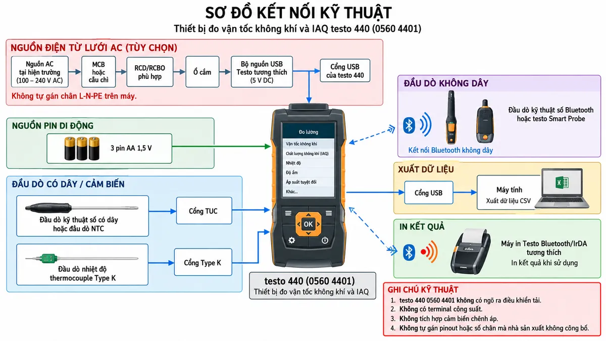 Vẽ sơ đồ đấu nối/kết nối kỹ thuật cho vận tốc không khí và dụng cụ đo IAQ testo 440 mã 0560 4401 trên nền trắng, bố cục ngang. Đặt testo 440 ở trung tâm. Thể hiện nguồn di động 3 pin AA 1,5 V đi vào máy; thêm nhánh nguồn tùy chọn từ nguồn AC tại hiện trường qua MCB hoặc cầu chì và RCD/RCBO phù hợp → ổ cắm → bộ nguồn USB Testo tương thích → cổng USB của testo 440, không tự gán chân L-N-PE trên máy. Nhánh đầu dò gồm đầu dò kỹ thuật số có dây hoặc đầu dò NTC → cổng TUC; đầu dò nhiệt độ thermocouple Type K → cổng Type K; đầu dò kỹ thuật số Bluetooth hoặc testo Smart Probe → kết nối Bluetooth không dây. Vẽ thêm cổng USB → máy tính để xuất dữ liệu CSV và nhánh không dây tới máy in Testo Bluetooth/IrDA tương thích khi sử dụng. Ghi chú rõ testo 440 0560 4401 không có ngõ ra điều khiển tải, không có terminal công suất và không tích hợp cảm biến chênh áp; không tự gán pinout hoặc số chân mà nhà sản xuất không công bố.