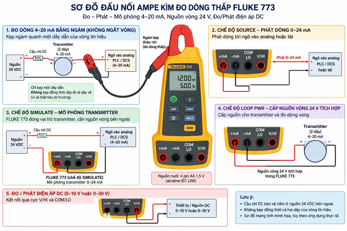 Vẽ sơ đồ đấu dây/kết nối kỹ thuật của Ampe kìm đo dòng thấp FLUKE 773 trên nền trắng, bố cục ngang, chú thích tiếng Việt. Thể hiện rõ bốn jack vào/ra trên FLUKE 773 gồm +mA, -mA, COM/LO và V/HI cùng ngàm kẹp tháo rời. Vẽ nhánh 1: nguồn vòng 24 VDC bên ngoài qua cầu chì DC bảo vệ → transmitter 2 dây 4–20 mA → ngõ vào analog PLC/DCS → trở về nguồn, ngàm FLUKE 773 chỉ kẹp quanh một dây tín hiệu để đo không ngắt vòng. Vẽ nhánh 2: FLUKE 773 ở chế độ SOURCE nối cực +mA và -mA tới ngõ vào analog/tải để phát 0–24 mA. Vẽ nhánh 3: chế độ SIMULATE, nguồn vòng 24 VDC bên ngoài → tải/AI PLC-DCS → +mA/-mA của FLUKE 773 để mô phỏng transmitter. Vẽ nhánh 4: chế độ LOOP PWR sử dụng nguồn vòng 24 V tích hợp của FLUKE 773 cấp cho transmitter và đo dòng vòng. Vẽ thêm kết nối đo/phát điện áp qua V/HI và COM/LO tới thiết bị có tín hiệu 0–10 V hoặc nguồn 24 VDC. Ghi chú nguồn nuôi bản thân FLUKE 773 là 4 pin AA; không kẹp đồng thời dây đi và dây về; thiết bị bảo vệ cầu chì DC nằm ở nhánh nguồn 24 VDC ngoài, không thể hiện như bộ phận tích hợp của FLUKE 773.