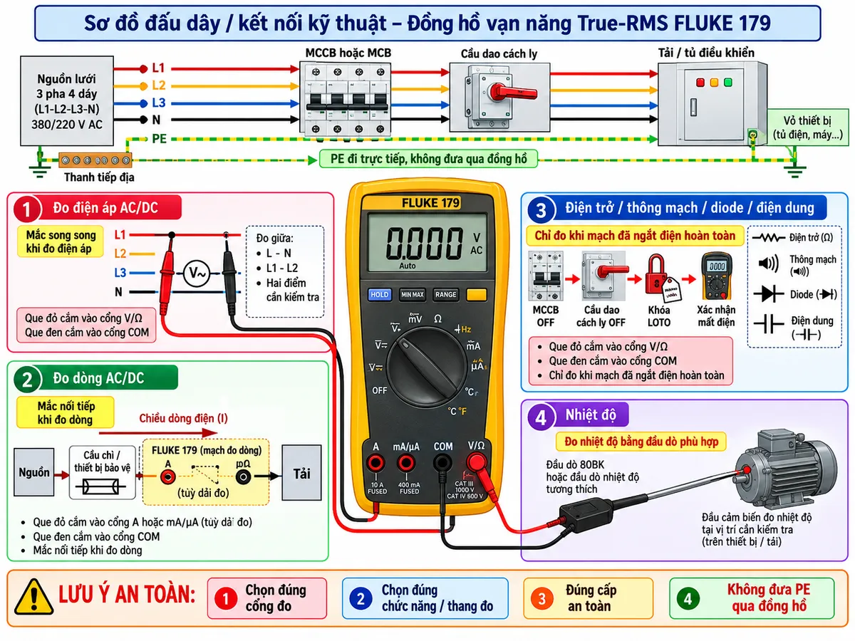 Sơ đồ đấu dây/kết nối kỹ thuật của đồng hồ vạn năng True-RMS FLUKE 179 trên nền trắng, bố cục ngang, chú thích tiếng Việt. Phần trên thể hiện nguồn công nghiệp L1-L2-L3-N-PE → MCCB hoặc MCB phù hợp → cầu dao cách ly → tải/tủ điều khiển; dây PE đi trực tiếp từ thanh tiếp địa tới vỏ thiết bị, tuyệt đối không đi qua đồng hồ. Ở trung tâm đặt FLUKE 179 với bốn cổng đầu vào “A”, “mA/µA”, “COM” và “V/Ω”. Nhánh “Đo điện áp AC/DC”: que đỏ vào V/Ω, que đen vào COM và mắc song song giữa L-N, L1-L2 hoặc hai điểm cần kiểm tra. Nhánh “Đo dòng AC/DC”: nguồn → cầu chì hoặc thiết bị bảo vệ → cổng A hoặc mA/µA theo dải đo → mạch đo trong FLUKE 179 → COM → tải, thể hiện mắc nối tiếp và chiều dòng. Nhánh “Điện trở / thông mạch / diode / điện dung”: MCCB OFF, cầu dao cách ly OFF, khóa LOTO và xác nhận mất điện trước khi đo. Nhánh “Nhiệt độ”: đầu dò 80BK hoặc đầu dò nhiệt độ tương thích nối với đồng hồ theo đúng phụ kiện. Thể hiện rõ cảnh báo chọn đúng cổng, đúng chức năng, đúng cấp an toàn và không đưa PE qua đồng hồ.