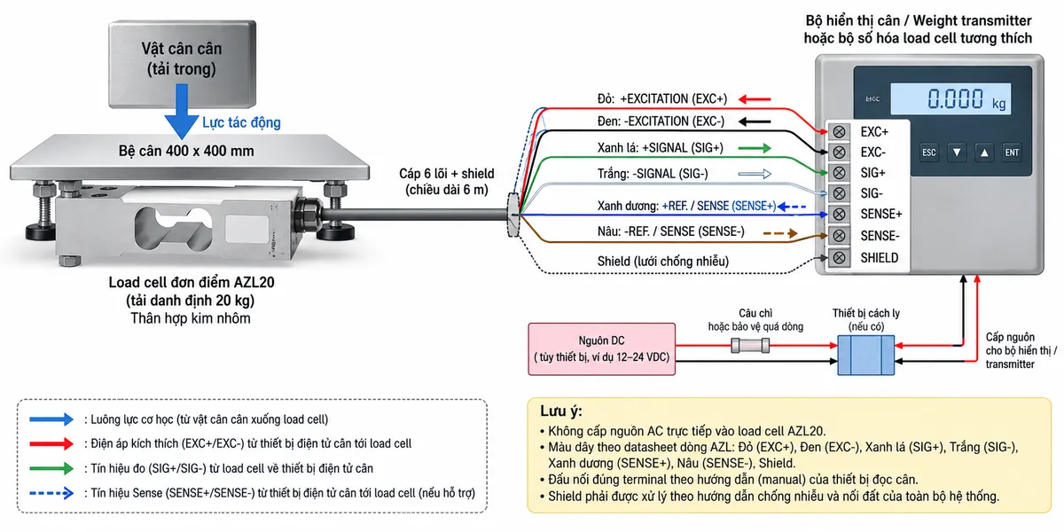 Vẽ sơ đồ đấu dây/kết nối kỹ thuật cho cảm biến load cell đơn điểm Laumas AZL20 trên nền trắng, bố cục ngang. Bên trái thể hiện vật cần cân tác động xuống bệ cân 400 x 400 mm; lực truyền tới load cell single-point AZL20 tải danh định 20 kg ở giữa, thân bằng hợp kim nhôm. Từ AZL20 vẽ cáp 6 lõi có shield theo datasheet dòng AZL: +EXCITATION màu đỏ, -EXCITATION màu đen, +SIGNAL màu xanh lá, -SIGNAL màu trắng, +REF./SENSE màu xanh dương, -REF./SENSE màu nâu và SHIELD; nối sang bộ hiển thị cân, weight transmitter hoặc bộ số hóa load cell tương thích ở bên phải. Thể hiện EXC+/EXC- từ thiết bị điện tử cân tới load cell, SIG+/SIG- từ load cell về thiết bị xử lý và SENSE+/SENSE- hồi tiếp điện áp kích thích nếu thiết bị hỗ trợ. Không cấp nguồn AC trực tiếp vào AZL20. Vẽ riêng nguồn cấp của bộ hiển thị/transmitter đi qua cầu chì hoặc thiết bị bảo vệ và điểm cách ly. Ghi chú phải đối chiếu terminal theo manual của thiết bị đọc cân và xử lý shield theo hướng dẫn chống nhiễu, nối đất của toàn bộ hệ thống.